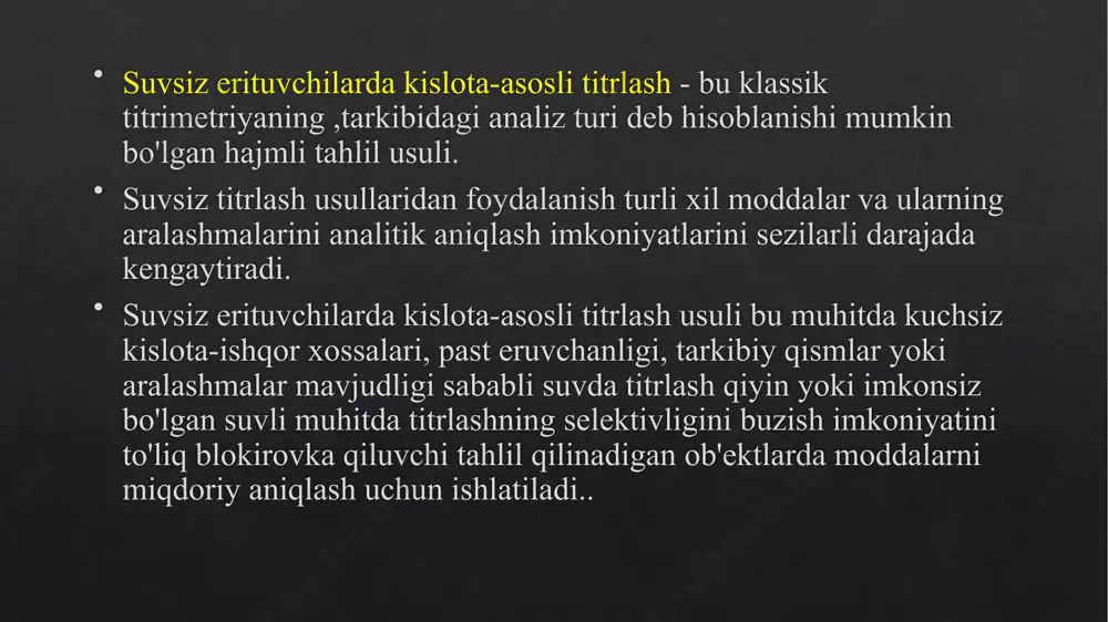 sirka angidrid kiradi. kislotalar, asoslar va tuzlarning kuchiga ta'sir qilish xususiyatiga ko'ra, erituvchilar ham farqlovchi va tenglovchilarga bo'linadi. differentsial erituvchilar aniq kislota-asos xossalariga ega emas va elektrolitlar kuchidagi farqlarni oshiradi. ushbu erituvchilar guruhiga quyidagilar kiradi: metiletilketon, aseton, metanol, nitrometan va boshqalar. tenglovchi erituvchilarda elektrolitlar yaxshi va taxminan teng dissotsiatsiyalanadi, shuning uchun kuchli asosli xususiyatlarga ega erituvchi kislotalarning kuchini neytrallaydi va asoslarning kuchini farqlaydi. kuchli kislotali erituvchi, aksincha, kislotalarning kuchini farqlaydi va asoslarning kuchini neytrallaydi. erituvchini tanlash titrlash konstantalari (kt) yoki ularning ko'rsatkichlari (pkt) qiymatlariga asoslanishi mumkin. bu qiymatlar nafaqat imkoniyatni, balki titrlashning aniqligini ham bashorat qilish imkonini beradi. kt qiymati qanchalik kichik bo'lsa yoki pkt qiymati qanchalik katta bo'lsa, titrlash shartlarini optimallashtirish ehtimoli shunchalik yuqori bo'ladi. titrlash konstantasi erituvchining ion mahsuloti (ki) ning erigan moddaning dissotsilanish konstantasiga (ka - kislotalar uchun, kb - asoslar uchun) bo'lingan qismi sifatida aniqlanadi. xuddi shu sinfga tegishli birikmalar uchun ko'pincha suvdagi va suvsiz erituvchidagi …