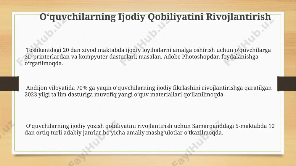 i qo‘llash interfaol o‘quv dasturlari va onlayn platformalar, jumladan, google classroom va moodle kabi xalqaro miqyosdagi 5 ta tizim, toshkent shahridagi maktablarda 80% ga yaqin dars jarayonlarini raqamlashtirishga yordam bermoqda. zamonaviy texnologiyalar, masalan, virtual va qo‘shaloq haqiqat texnologiyalari (vr/ar), o‘zbekistonning 10 dan ortiq oliygohlarida 2023-yildan beri faol qo‘llanilmoqda, talabalarning amaliy bilim olish imkoniyatlarini kengaytirmoqda. o‘zbekistonning qishloq hududlarida ham, 3g/4g internet tarmog‘ining kengayishi bilan, 200 dan ortiq maktabda onlayn ta’lim resurslaridan foydalanish imkoniyati sezilarli darajada oshdi, bu esa ta’lim sifatini yaxshilashga yordam beradi. muammoli ta’lim muammoli ta’lim uslubi xorijiy mamlakatlar tajribasiga, jumladan, aqshning "inquiry-based learning" metodikasi va 20 dan ortiq ilmiy maqolalarga tayanib, o'zbekiston maktablari va litseylarida takomillashtirilmoqda. samarqand davlat universiteti kabi oliy o'quv yurtlarida muammoli ta’limning 3 bosqichli modeli – tahlil, loyihalash va amaliyot – muvaffaqiyatli qo'llanilmoqda, bu talabalarning mustaqil fikrlash qobiliyatini rivojlantirishga xizmat qiladi. muammoli ta’lim yondashuvi oʻzbekistonning 1990-yillardagi ta'lim islohotlari davrida, xususan, milliy o'quv dasturlarining ishlab chiqilishida faol …