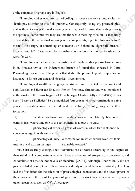 that is, close unity of several words, expressing a holistic view” [37, 22]. they are decomposable only etymologically, that is, outside the system of the modern russian language, historically. in his essay “essays on phraseology” b.a. larin examines the types of phraseological combinations proposed by sh. bally and v.v. vinogradov, and notes that “an essential shortcoming of the classifications of these scholars is the limitation of the material of a modern and almost exclusive literary language” [37, 112]. according to the scientist, the basis for the classification of phraseological units should be the historical principle of the formation of idioms, the principle of gradual accumulation of idiomatic development from fluid phrases to indecomposable. professor larin offers “a three-member classification, which reflects the main stages of the history of the phrase - from free to indecomposable. first, the name of reality is a direct expression of the perception of some phenomenon …