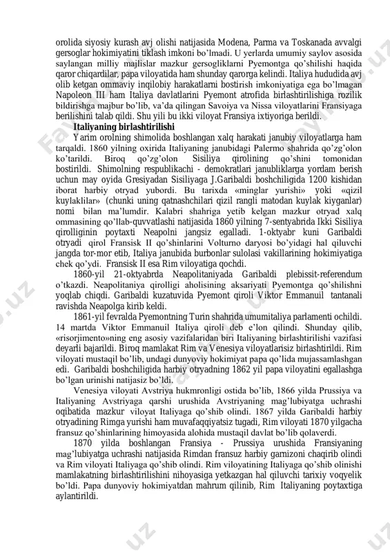 va turkiya tomonidan urushda qatnashdi. shu davrdan pyemontning fransiya bilan yaqinlashuvi boshlandi. 1858 yilning iyulida plombyer shahrida lui napoleon iii va kavurning maxfiy uchrashuvi bo’lib o’tdi. unda napoleon iii kelgusida pyemontning fransiya bilan birgalikda avstriyaga qarshi urushida qatnashishga rozilik bildirib, italiyaning shimoliy qismini pyemont boshchiligida birlashtirish va butun italiya hududida papa boshchiligida konfederasiya tuzish harakatini qo’llab - quvvatlashini ma’lum qildi. bunday iltifot uchun kavur napaleon iii ga italiyaning fransiyaga chegaradosh bo’lgan nissa va savoiya viloyatlarini (bu viloyatlarning aholisi asosan fransuzlardan iborat bo’lgan) tuhfa qilishga va’da berdi. fransiya imperatori o’rta yer dengizi havzasida markazlashgan yagona italiya davlatini tashkil topishi uchun emas balki, italiya hisobidan fransiya hududini kengaytirish va italiyada avstriyaning mavqyeini zaiflashtirish maqsadida avstriyaga qarshi urushda pyemont bilan ittifoqchilik qildi. fransiya va pyemontning avstriyaga qarshi urushi 1859 yilning oxirida boshlangan fransiya va pyemontning avstriyaga qarshi urushidagi harbiy harakatlari asosan italiya hududida bordi. 4-may kuni mojenta yaqinidagi jangda ittifoqchilar qo’shini avstriya qo’shini …