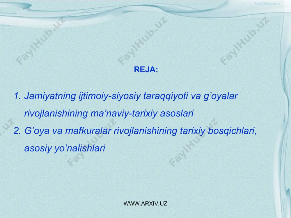 vor yo'nalishi, deb xisoblandi. joylarda ma'naviyat bilan bog'liq shularning amalga oshirilishi uchun butun mas'uliyatning xokimlar, vazirliklar, idoralar, tashkilotlarning birinchi raxbarlari zimmalariga yuklatilishi juda katta ijtimoiy axamiyat kasb etdi. www.arxiv.uz www.arxiv.uz ikkinchidan, ma'naviyati yuksak millat va davlatnigina kelajagi buyuk bo'lishi mumkin ekanligi to'g'risidagi ijtimoiy fikr shakllana boshlandi. darxaqiqat iqtisodiy-siyosiy omillarning xar qanday davlat, millat xayotidagi o'rni va roli kattadir. biroq, ma'naviy omillargina jamiyatda sodir bo'lgan barcha muammolarni xal etishga qodir omil ekanligi endi xaqiqatdir. uchinchidan, ma'naviyat va ma'rifat jamiyatni poklantiruvchi kuch ekanligi e'tirof etilmoqda, zero sho'rolar mustabid tizimi davridan qolgan yaramas «ma'naviy» merosdan poklanmasdan turib istiqlolga xizmat qiladigan, fuqarolar qalbi va ongini yangilashga qodir ma'naviyatni shakllantirish mumkin emas www.arxiv.uz www.arxiv.uz www.arxiv.uz www.arxiv.uz to'rtinchidan, istiqlol davri o'zbekiston jamiyati ma'naviyatining eng muqaddas maqsadlaridan biri – o'tmish tarixiy-madaniy, ilmiy, axloqiy-mafkuraviy, ijtimoiy-siyosiy qadriyatlariga sho'ro davrida tarkib topgan munosabat kabi «illat» sifatida emas, aksincha, jamiyatni poklantiruvchi va kelajakni ma'naviy jixatdan mustaxkamlovchi omil asnosida qarashdan iborat jamoatchilik …