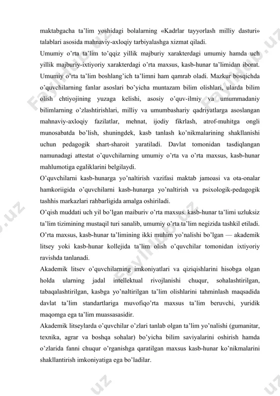 ar o’zlari tanlab olgan ta’lim yo’nalishi (gumanitar, texnika, agrar va boshqa sohalar) bo’yicha bilim saviyalarini oshirish hamda o’zlarida fanni chuqur o’rganishga qaratilgan maxsus kasb-hunar ko’nikmalarini shakllantirish imkoniyatiga ega bo’ladilar. akademik litseylar asosan oliy o’quv yurtlari qoshida tashkil etiladi. kasb-hunar kollejlari esa o’quvchilarning muayyan kasb-hunarga moyilligi, layoqatlari, bilim va ko’nikmalarini chuqur rivojlantirish, ularning tanlangan yo’nalishlar bo’yicha bir yoki bir necha zamonaviy kasb sirlarini egallash imkonini beradi. kasb-hunar kolleji o’quvchilarning kasb-hunarga moyilligi, bilim va ko’nikmalarini chuqur rivojlantiruvchi, tanlab olingan kasb-hunar bo’yicha bir yoki bir necha ixtisosni egallash imkonini yaratish maqsadida tegishli davlat ta’lim standartlari doirasida o’rta maxsus, kasb-hunar ta’limini beruvchi, yuridik maqomga ega ta’lim muassasasidir. kasb-hunar kollejlari yangi tipdagi ta’lim muassasalari bo’lib, ularning jihozlanganlik darajasi, pedagogik tarkibning puxta tanlanganligi, shuningdek, o’quv jarayonining zamonaviy texnika va texnologiyalar yordamida tashkil etilishi alohida ehtiborga loyiq. akademik litsey va kasb-hunar kollejlarining bitiruvchilariga davlat tomonidan tasdiqlangan namunadagi diplomlar beriladi. ushbu diplomlar asosida bitiruvchilarta’limning keyingi bosqichlarida o’qishni davom …