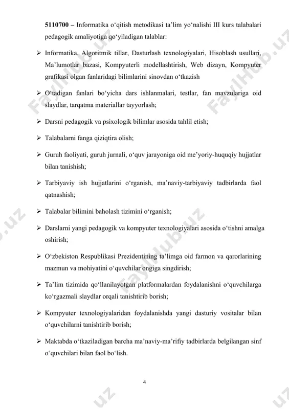 7. maktabda metod birlashma ishi bilan tanishish. 8. haftalik hisobot. uchunchi hafta 1. fan to‘garaklari faoliyatini o‘rganish; 2. tajribali o‘qituvchilar darsini kuzatish; 3. mutaxassislik fanlari bo‘yicha ma’ruza matni va o‘quv metodik majmualar bilan tanishish. 4. maktab kutubxonalarida o‘quv adabiyotlari bilan tanishish; 5. iqtidorli o‘quvchilar bilan suhbatlashish va ular bilan ishlashni amalga oshirish; 6. prezident asarlarini bilish va o‘rganish bo‘yicha o‘quvchilar o‘rtasida davra suhbati tashkil etish; 7. kuzatilgan darslarni tahlil qilish. 8. haftalik hisobot. to’rtinchi hafta 1. mutaxassislik bo‘yicha tajribali o‘qituvchilar darslarini kuzatish, slaydlar va tarqatma materiallar tayyorlashni o‘rganish; 2. fanlardan test tuzish, test olish va baholash jarayonini o‘rganish; 3. mutaxassislik fanlardan dars ishlanmalarini tayyorlash; 4. iqtidorli o‘quvchilar bilan qo‘shimcha dars tashkil qilish; 5. past o‘zlashtiruvchi talabalar ro‘yxatini olish va ular bilan qo‘shimcha dars tashkil etish; 6. amaliyot bo’yicha hisobot tayyorlash 7. amaliyot hujjatlarini tekshiruvdan o’tkazish 8. hisobotni himoya qilish amaliyotchi talabaning vazifasi malakaviy amaliyot jarayoniga doir hujjatlar va ular bilan …