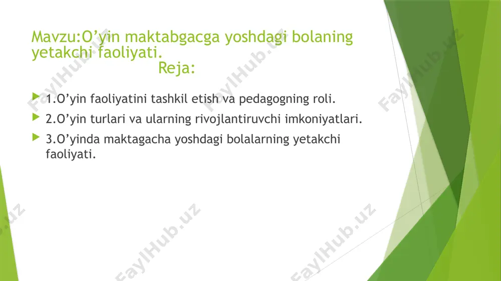 in faoliyati bilan birga ta’limiy mashg‘ulotlarda ham ishtirok etadilar. maktabgacha tarbiya yoshi davridagi ta’limiy mashg‘ulotning asosiy mazmuni bolani atrof hayotdagi narsa va hodisalarning asosiy xususiyatlari bilan tanishtirish, og‘zaki nutqni lug‘at boyligi, tovushlarni to‘g‘ri talaffuz qilish, grammatik tomondan to‘g‘ri so‘zlashishga o‘rgatish, bog‘lanishli nutqni shakllantirishdan iborat. ko’pchilik psixologlar hamda pedagoglar o’yinning psixologik masalalari bilan bevosita shug’ulanib ,o’yinlarning bolaning psixik kamol toptirishdagi ahamiyatiga alohida to’xtalib o’tganlar , ma`lumki o’yin bola uchun voqeolikni aks ettirishdir bu voqelik bolani qurshab turgan voqealikdan ancha qiziqarlidir. o'’yining qiziqarliligi uni anglab yetishning osonligidadir. kattalar hayotida faoliyat, xizmat ,yumush qanday ahamiyatga ega bo’lsa bola hayotida o’yin ham xuddi shunday ahamiyatga ega. maktabgacha yoshdagi bola muayyan xususiyatga ega bo’lgan rolni tanlaydi ,shu bilan birga u yoki bu personajga xos qatiy yurish –turishni ongli ravishda ijro etishga intiladi. shunday ekan ,o’yin maskur bola uchun eng zarur faoliyatga aylana boradi va yangi shakldagi xarektirlarni takomillashtirish, ularni anglagan holda esga yushurish ehtimoli yaqqol …