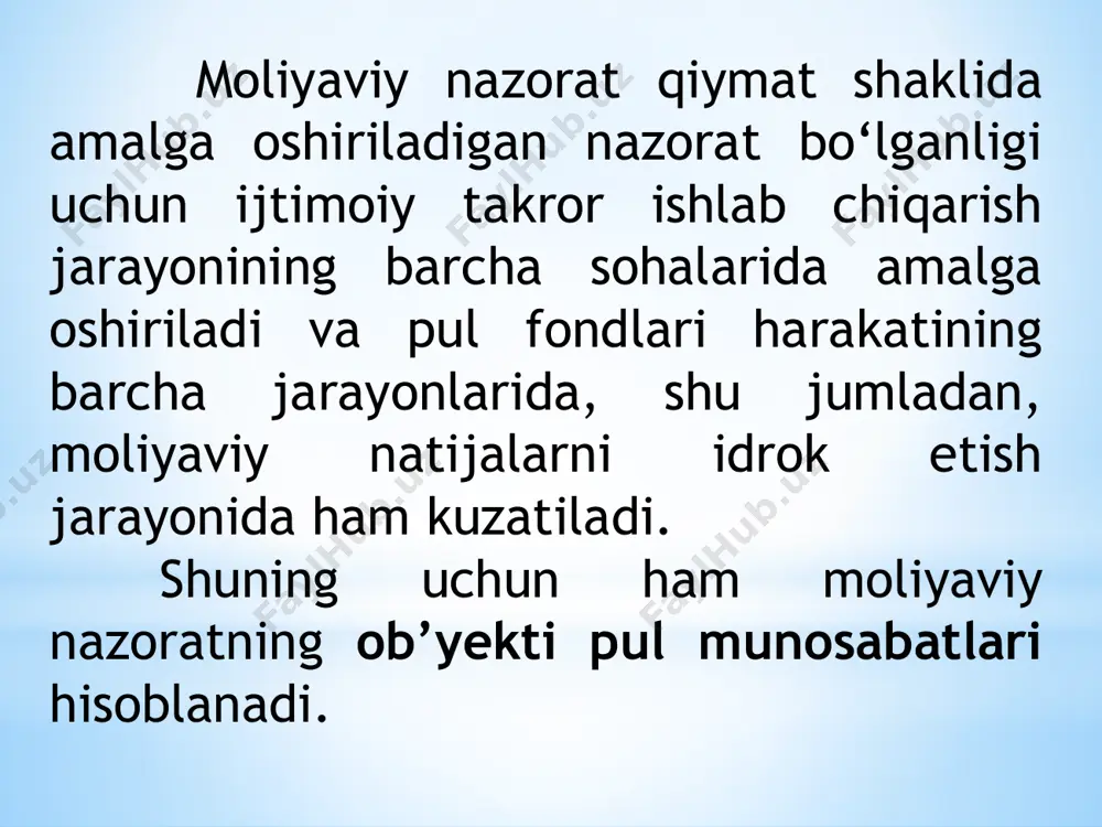 agilar kiradi: - mustaqillik; - ob’yektivlik; - kompetentlik (layoqatlilik, qodirlik); - oshkoralik. интосаи – дунёнинг 178 мамлакати олий назорат органларининг халқаро ташкилоти. унинг доирасида минтақавий ташкилотлар ҳам амал қилади. улардан бири евросаи бўлиб, у олий назорат органларининг европа ташкилотидир. moliyaviy nazoratning muvaffaqiyatli va samarali o‘tkazilishi uning tashkil etilish darajasiga va nazoratning turlari, shakllari va uni o‘tkazishning metodlariga bog‘liq. moliyaviy nazoratni amalga oshiruvchi sub’yektlarga ko‘ra uning quyidagi turlari mavjud: -umumdavlat moliyaviy nazorati; -idoraviy moliyaviy nazorat; -xo‘jalik ichidagi moliyaviy nazorat; -jamoatchilik moliyaviy nazorati; -mustaqil moliyaviy nazorat. 2. moliyaviy nazorat turlari, shakllari va metodlari umumdavlat moliyaviy nazorati davlat hokimiyat organlari (prezident, hukumat, oliy majlis, moliya vazirligi, davlat soliq qo‘mitasi, davlat bojxona qo‘mitasi va boshqalar) tomonidan amalga oshiriladi. bu turdagi moliyaviy nazoratning bosh maqsadi daromadlarning tushib turishi va davlat xarajatlarining sarflanishi bo‘yicha davlat va jamiyatning manfaatlarini ta’minlashdan iborat. idoraviy moliyaviy nazorat vazirliklarning nazorat-taftish boshqarmalari va boshqa tarkibiy tuzilmalari tomonidan amalga oshirilib, shu idoraga bo‘ysunuvchi …