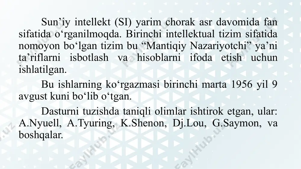 ar (ma’lumotlar) majmuidir. axborot ta’minotining alohida yaxlit strukturasi ko‘rinishida yaqqol ko‘zga tashlangan va tashkil etilgan predmet sohasi haqidagi bilim boshqa bilim turlaridan, masalan, umumiy bilimdan ajratib turadi. bilimlar bazasi asosiy ekspert tizimi sanaladi. bilimlar fikrlash va vazifalarni hal etish usuliga imkon beruvchi aniq ko‘rinishda ifodalanadi va qaror qabul qilishni soddalashtirishga ko‘maklashadi. ekspert tizimining asosligini ta’minlovchi bilimlar bazasi tashkilotning bo‘linmalaridagi mutaxassislar bilimini, tajribasini o‘zida mujassamlashtiradi va institutsional bilimlarni (ixtisoslashganlar majmuini, yangilanayotgan strategiyalar, qarorlar uslublari) ifodalaydi. image2.jpg image3.jpg image4.png image5.png image1.jpg abstract triangle pattern banner design /docprops/thumbnail.jpeg