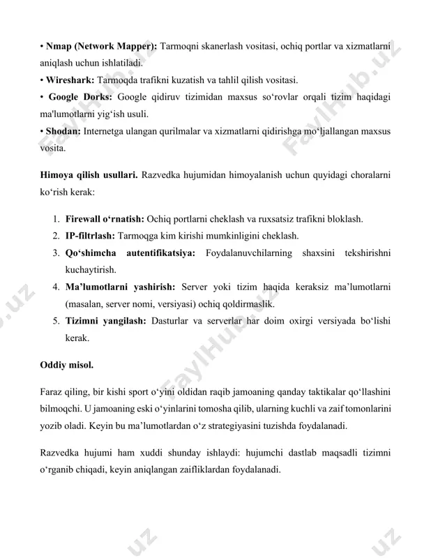 lash sozlamalarini yoqing. umumiy xavfsizlik bo‘yicha tavsiyalar: · firewall: tashqi kirishni cheklash uchun barcha ochiq portlarni tekshiring va faqat zarur xizmatlar uchun ruxsat bering. · xizmatlarni tahlil qilish: qaysi xizmatlarning faol ekanligini aniqlab, faqat kerakli xizmatlarni yoqing. · yakuniy skanerlash: tizimda zaifliklar bor-yo‘qligini aniqlash uchun nmap ning "vulnerability script" (vulners) plaginlarini ishlatish. · qo'shimcha xavfsizlik choralarini ko'ring: · ids/ips (intrusion detection/prevention system) ishlating. · muntazam ravishda server va dasturiy ta'minotni yangilang. 2. toshkent davlat iqtisodiyot universiteti samarqand filiali. nmap tahlili: sbtsue.uz (89.104.102.151) topilgan ochiq portlar: 1. port 21/tcp (ftp) · tushuntirish: ftp (file transfer protocol) fayllarni yuklash va ko‘chirib olish uchun ishlatiladi. · potentsial xavf: agar parol zaif bo‘lsa yoki shifrlash ishlatilmasa, hujumchilar parollarni o‘g‘irlashi mumkin. · maslahat: ftps yoki sftp kabi xavfsiz protokollardan foydalaning. agar ftp ishlatilmasa, portni yopish tavsiya etiladi. 2. port 80/tcp (http) · tushuntirish: veb-sayt uchun ishlatiladigan standart port. · potentsial xavf: xavfsiz ulanish (https) bo‘lmasa, …