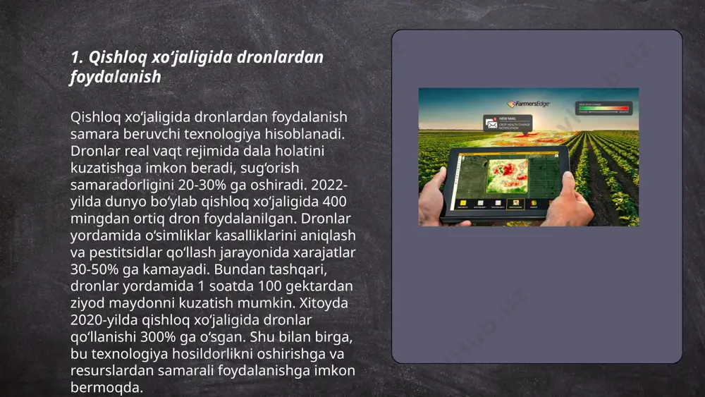 me/slaydai_bot smart sug'orish tizimlari qishloq xo'jaligi va bog'dorchilikda suvni samarali foydalanishga yordam beradi. ushbu tizimlar sensorlar, sun'iy intellekt va iot texnologiyalaridan foydalangan holda, o'simliklarning suvga bo'lgan ehtiyojini aniqlaydi va avtomatik sug'orishni boshqaradi. tadqiqotlarga ko'ra, smart sug'orish tizimlari yordamida suvdan 30-50% tejab qolish mumkin. bu tizimlar o'simliklarning o'sishini 20% gacha yaxshilashi va hosildorlikni oshirishga yordam beradi. misol uchun, isroildagi fermerlar smart sug'orish tizimlari orqali hosildorlikni 15-20% ga oshirishga muvaffaq bo'lishgan. ushbu tizimlar global suv tanqisligini kamaytirishda muhim ahamiyatga ega. ... t.me/slaydai_bot 7. raqamli o'g'itlash va pestitsidlar nazorati 7. raqamli o'g'itlash va pestitsidlar nazorati uchun zamonaviy texnologiyalar yordamida qishloq xo'jaligida samaradorlik oshirilmoqda. sensorlar, dronlar va iot qurilmalari yer maydonlari, hosil holatini va pestitsidlar miqdorini aniq o'lchashga imkon beradi. masalan, dronlar orqali yer yuzining 90% lik aniqlikda monitoringi amalga oshiriladi. sun'iy intellekt algoritmlari yordamida pestitsid va o'g'itlar optimal miqdorda, 20% gacha tejash bilan qo'llaniladi. bu texnologiyalar yordamida hosildorlik 15% oshishi va atrof-muhitga zarar …