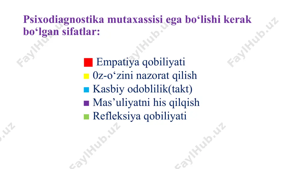 k metodikalarning ilmiy asoslanganlik tamoyilida metodikaga validlik, ishonchlilik talabi qo‘yiladi, ya’ni olingan natijalarga to‘liq ishonch imkonini bersin. ziyon etkazmaslik tamoyilida psixologik tashxis natijalaridan hech qachon tadqiqotda qatnashgan odamlarga nisbatan zarar etkazish maqsadida foydalanmaslik nazarda tutiladi. xulosalarning ob'ektivlik tamoyili test o‘tkazayotgan odamning sub’ektiv ustanovkalarga tobe bo‘lmasligi, test olingan natijalardan kelib chiqqan holda ilmiy asoslangan bo‘lib, validli va ishonchli metodika yordamida o‘tkazilgan bo‘lishi shart. taklif qilinayotgan tavsiyalarning samaradorlik tamoyilida tavsiyalar albatta taklif qilinayotgan odamga yordam berishi shart. test natijalari asosida taklif qilinayotgan tavsiyalar befoyda tasodifiy holatlarni keltirib chiqarmasligi kerak fosterr va guy konsultant shaxsiga qo’yiladigan talablarni quyidagilarga ajratadi: a) bilimga chanqoqlik, harakatchanlik; ushbu sifatlarga ega bo’lgan odamlar boshqa insonlarga samimiy qiziqa oladi. b) eshita olish qobiliyati; c) muloqatga kirishishda yengillik fikr almashishda qoniqish hissi his qildira olish; d) empatiya va tushunish psixolog patsient o’rniga hatto boshqa jinsdagi bo’lsa ham o’zini qo’ya olishi; e) introspeksiya har bir konsultant o’zining ichki holatini his qila …