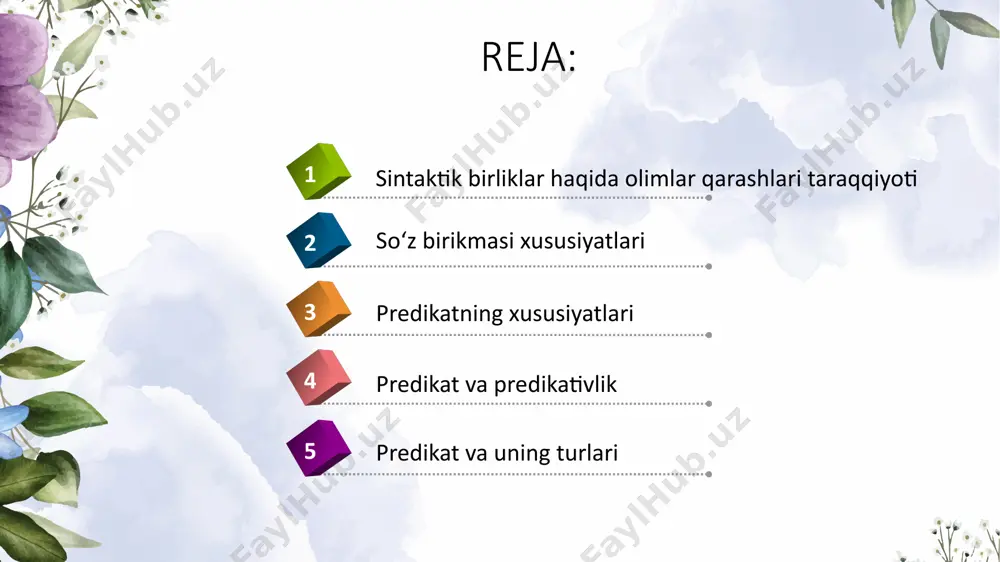 ruvchi qismi predikatning xususiyatlari predikatsiya – fikrni ifodalovchi aloqa yoki munosabat predikatsiya – kognitiv akt, tafakkur jarayoni predikativlik – sintaktik kategoriya, predikat esa semantik. predikativlik kommunikatsiya vaqti bilan bog‘liq bo‘ladi predikativlik ushbu aloqaning amalga oshirilgani, natijasi uning natijasi esa predikativlik hisoblanadi predikatsiya 1-tushunchani 2-tushuncha bilan bog‘lab ifodalovchi mental akt jarayoni maqolalar tahlili maqolalardan kelib chiqadigan xulosa predikativlik sintaktik darajada gapning zamon kategoriyasi, modalligi va shaxs-sonida ifodalansa, semantik darajada semantik belgining so‘zlovchi bilan bog‘liqligida namoyon bo‘ladi. ya’ni predikativlik tasdiqlangan predikat natijasidir, tasdiqlanmagan predikatsiya natijasi esa predikat nomlar, propozitsional semantika hisoblanadi ferdinand de sossyur (nutqiy faoliyatda psixik va nopsixik qism) rasmni so‘zlarda ifodalang! 2017 2018 2019 2020 y.stepanov (1920-2012) fe’l – bu predikatdir. b.kasevich (1941) fe’l – bu predikatdir. v.kraxovskiy (1932) fe’l – bu predikatdir. l.sherba (1880-1944) rus tilidagi predikatlarni 1) harakat, 2) holat, 3) xususiyat ma’noli predikatlarga ajratdi predikat propozitiv strukturaning markaziy elementidir. aksariyat adabiyotlarda predikat fe’lga nisbat beriladi, uning ekvivalenti …