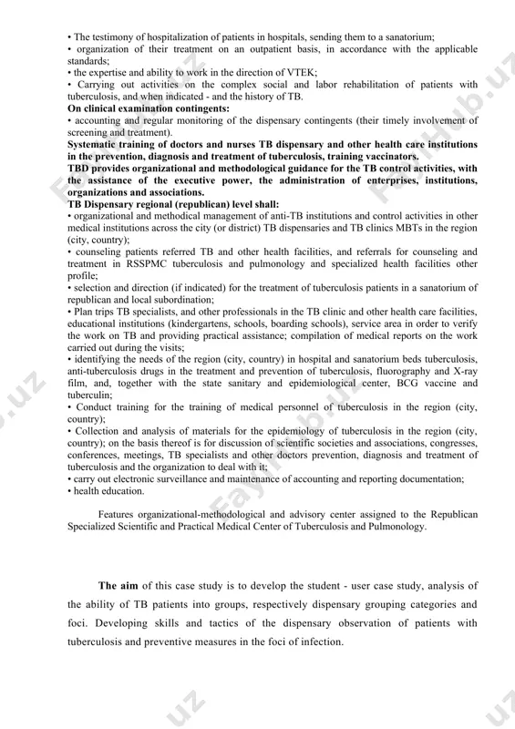 e examination algorithm of persons suspected of having tuberculosis; • assist in the formation of groups of "at risk" for tuberculosis in clinics and performing diagnostic standards; • consultation tuberculotherapist patients in other health care settings; • survey directed to the dispensary of persons with suspected tuberculosis. on treatment: • the testimony of hospitalization of patients in hospitals, sending them to a sanatorium; • organization of their treatment on an outpatient basis, in accordance with the applicable standards; • the expertise and ability to work in the direction of vtek; • carrying out activities on the complex social and labor rehabilitation of patients with tuberculosis, and when indicated - and the history of tb. on clinical examination contingents: • accounting and regular monitoring of the dispensary contingents (their timely involvement of screening and treatment). systematic training of doctors and nurses tb dispensary and other health care institutions in the prevention, …