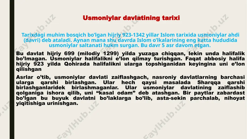 islom yurtlariga yurishlar, bosqinlar qilishgan edi, qizil dengizni ham qo’lga kiritishgan, hatto xijozni bosib olib, rasululloh sollallohu alayhi vasallamning qabrlarini egallab olishni ham rejalashtirishgandi. bu mash’um rejalarni usmoniylar barbod qilishdi. 4. usmoniylar andalus qulagandan keyinmag’rib yurtlariga ega chiqmoqchi bo’lib turgan ispanlarga ham qarshi turishdi. 5. usmoniylar o’rta osiyo va qora dengiz mintaqalaridagi musulmonlarni ruslarga qarshi kurashda qo’llab-quvvatladilar. 6. usmoniylar imperatorligi sionizmga ham qarshi turdi. yaxudiylar uzoq davrlardan beri falastinda davlat qurish niyati bilan yashar edilar. o’sha davrda ularning bu boradagi faoliyati yanada kuchaydi. aytilishicha, ular falastindan yer olish maqsadida sulton abdulhamid ii ga juda ko’p mol-mulk, aql bovar qilmas boyliklar va’da qilishgan. lekin sulton abdulhamid ii bu gaplarning birortasiga uchmagan va qattiq turib, ularga falastindan bir qarich ham yer bermagan. usmoniylar yaxudiylarga misrning sino mintaqasida turishga ham ruxsat berishmagan. 7. usmoniylar imperatorligi safaviylar davlatining vakili bo’lgan rofiziy shiy’alariga qarshi ham ko’p urushlar qilishgan. musulmonlar ko’rfaz yurtlarida va iroqda rofiziylardan juda …
