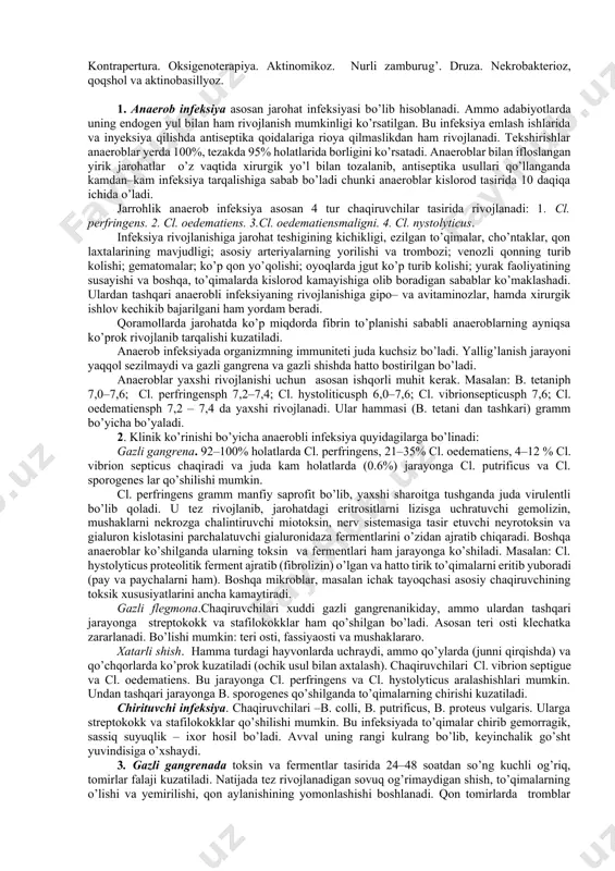bezarar va yomon sifatli (xatarli); metastatik, sovuq va oqma abssesslar. rivojlanish bosqichiga qarab abssesslar bo’lishi mumkin – shakllanuvchi, yetiladigan va yetilgan. yetilgan yuzaki abssesslar – oson aniqlanib, yengil kechadi va o’z – o’zidan yorilib bitadi. teri abssesslari chuqur yiringli – nekrotik jarayonlarda (artrit, osteomiyelit) hosil bo’lishlari mumkin. chukur abssesslar –aniqlanishi qiyin bo’lib, og’ir kechadilar. ko’pincha yiring atrof to’qimalarga yoki anatomik bo’shliqlarga o’tishi natijasida asoratlar kuzatiladi. “uyqudagi” infeksiya o’choqlarini hosil qiladi. bezarar abssesslar – jarayon atrofida mustahkam granulasion to’siqning rivojlanishi va infeksiya bostirilishi bilan harakterlanadi. bunday abssesslar 5–7 kun ichida rivojlanadi. yiringning rangi sarg’ish bo’lib, spesifik xidga ega. yiringxona devorlari pushtirang yoki qizil tusda granulasion (piogen) to’qima bilan qoplangan bo’ladi. o’lgan to’qimalar bo’lmaydi. mikroblar o’lgan. qoramol va cho’chkada bunday abssesslar inkapsulyasiyaga uchraydi. zararli abssesslar– generalizasiyaga moyilligi bor jarayon. yallig’lanish shishi issiq, tarqalgan, og’riydi. bunday abssesslar tezda flegmonaga aylanishi mumkin. ular mikrobning virulentligi kuchli bo’lsa va giperergik yallig’lanishda hosil bo’ladi. yiring qo’ng’ir …