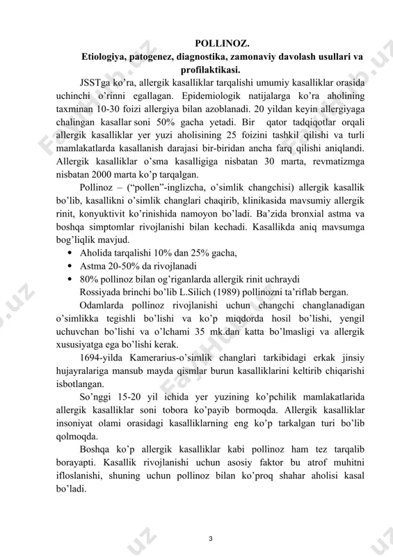 ing oldini olish chora-tadbirlarini o’tkazishga, bemorlarga esa bu davrda mamlakatning boshqa hududlarga ko’chib o’tishiga imkon beradi. o’zbekiston iqlim sharoitlarida xastalikning uchta qo’zg’alish davri tafovut qilinadi. i davr — bahorgi, eng qisqa davr (mart oyi oxiri-aprel boshi): 1 sm havoda 600-700 chang zarralari mavjud bo’lib, bunda asosan daraxtlar gullashi rol o’ynaydi. eng ko’pi — terak, keyin shumtol, zarang va majnuntol va b. ii davr — bahorgi-yozgi davr may oyining ikkinchi yarmidan iyun oxirigacha bo’lgan davrni o’z ichiga oladi. bunda havodagi chang zarralari 1 sm. da 287 taga yetadi. donli ekinlar – asosiy don tarqatuvchilardir. 111 davr – yozgi-kuzgi davr (avgust boshidan to oktyabrning ikkinchi yarmigacha). mikroskop ostida jo’xori, shuvoq, bug’doyiq va boshqalar changi ko’rinadi. quyida o’zbekiston tabiatida uchraydigan allergiya xavfi mavjud o’simliklarning gullash taqvimini keltiramiz. o’zbekistondagi ayrim o’simliklarning gullash davri o’simlik nomi gullashning boshlanishi gullashning tugashi janub majnuntoli fevral 1-o’n kunligi fevral 2-o’n kunligi kulrang yong’oq aprel 2-o’n kunligi eman aprel …