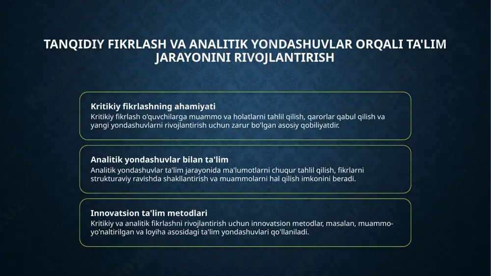 tsion metodlarning kelajakdagi istiqbollari 1 innovatsion yondashuvlar ta'limda kelajakda innovatsion metodlar va texnologiyalar ta'lim jarayonini yanada interaktiv, samarali va moslashuvchan qilish uchun muhim ahamiyat kasb etadi. 2 texnologik rivojlanish sun'iy intellekt, virtual haqiqat va onlayn platformalar ta'limda yangi imkoniyatlar yaratib, o'quvchilarning tanqidiy fikrlashini rivojlantirishga yordam beradi. 3 pedagogik transformatsiya kelajakda pedagogik yondashuvlar, o'qituvchilarning roli va metodikalar o'zgarishi bilan, ta'lim sifatini oshirish hamda kreativ va tanqidiy fikrlashni kuchaytiradi. innovatsion yondashuvlarning ta'lim jarayoniga ta'siri innovatsion texnologiyalar zamonaviy texnologiyalar ta'lim jarayonini samarali qilishda muhim rol o'ynaydi, interaktiv darslar va onlayn platformalar orqali bilimga erishishni osonlashtiradi. muloqot va hamkorlik innovatsion yondashuvlar talabalarning jamoaviy ishlash qobiliyatini rivojlantiradi, muammolarni birgalikda hal qilish va fikr almashishni kuchaytiradi. individual yondashuv innovatsion metodlar har bir talabaning ehtiyojlari va qobiliyatlariga moslashtirilgan ta'limni ta'minlaydi, shaxsiy rivojlanish va muvaffaqiyatni oshiradi. ijodiy fikrlash va muammo yechimi yangi yondashuvlar talabalarda ijodiy fikrlashni rivojlantiradi, muammolarni innovatsion usullar bilan hal qilishga o'rgatadi. kreativ pedagogika metodlari va …
