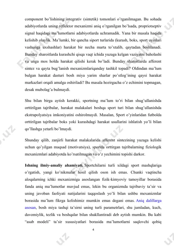 agan va o’z yechimini topishi darkor. ishning ilmiy-amaliy ahamiyati. sportchilarni turli xildagi sport mashqlariga o’rgatish, yangi ko’nikmalar hosil qilish oson ish emas. chunki vaqtincha aloqalarning ichki mexanizmiga asoslangan fizik-kimyoviy tamoyillar borasida fanda aniq ma’lumotlar mavjud emas, lekin bu organizmda tajribaviy ta’sir va uning javoban faoliyati natijalarini taqqoslash yo’li bilan ushbu mexanizmlar borasida ma’lum fikrga kelishimiz mumkin emas degani emas. aniq dalillarga asosan, bosh miya tashqi ta’sirni uning turli parametrlari, shu jumladan, kuch, davomiylik, tezlik va boshqalar bilan shakllantiradi deb aytish mumkin. bu kabi “asab modeli” ta’sir xususiyatlari borasida ma’lumotlarni saqlovchi qobiq hujayralari guruhlari tomonidan tuziladi. shuni ham ta’kidlash joyizki, “asab modeli” stimuli borasidagi fikrlar bosh miya faoliyati tizimliligi jarayonlarga asoslangan. shu kabi asosda, “harakat akseptori” kontsepsiyasi ishlab chiqilgan. bu funksional tizim afferent va efferent impul’slar ta’siri natijasida yuzaga keladi va organizm bajarayotgan reaksiyalarning to’g’riligini ko’rsatuvchi “nazorat apparati” rolini o’ynaydi. shunday qilib, yagona funksional uyg’unlashgan markazlarning har birida asab jarayonining ikki …
