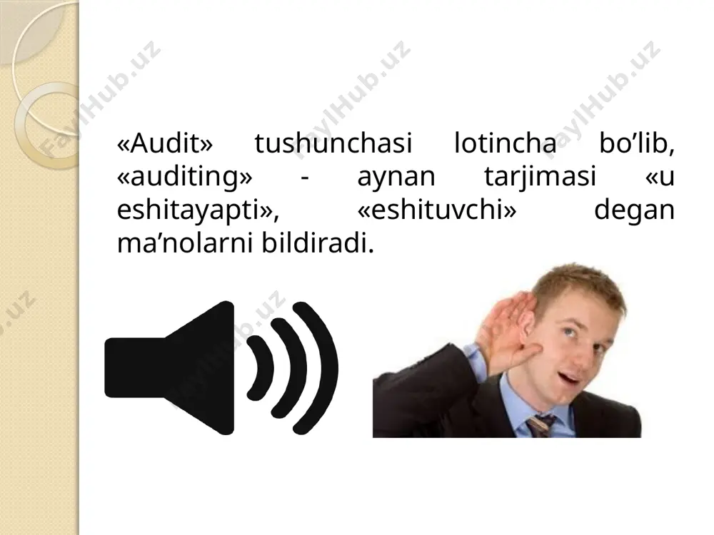 shuntirish xati ma'lumotlarining ishonchliligi tеkshiriladi. bunda quyidagilar aniqlanadi: -hisobotda barcha aktivlar va passivlar aks etilganligi; -hisobot tuzishda barcha hujjatlardan foylanilganligi; -amaldagi mol-mulkni baholash uslubi korxona hisob siyosatida qabul qilingandan qay darajada farq qilishligi; -foyda solig’i va boshqa soliqlar bo’yicha soliqqa tortiladigan baza to’g’ri hisoblanganligi. auditning nazariy asoslari auditorlik faoliyati o’z maqsad va vazifalaridan kelib chiqqan holda belgilangan nazariy asoslariga ega. bu nazariy asoslar quyida keltirilgan postulatlarga asoslanadi: auditorlik tekshiruvi moliyaviy hisobotlar va moliyaviy axborotlar tekshirilishi mumkin bo’lgan ma’lumotlarga asoslanadi degan faraz bilan o’tkaziladi. 2. auditor va mijoz rahbariyati o’rtasida qisqa muddatli kelishmovchiliklar bo’lishi mumkin, ammo uzoq muddatli kelishnmovchiliklarga yo’l qo’yilmasligi lozim. 3. samarali ishlab chiqilgan va o’rnatilgan ichki nazorat tizimi mijoz tomonidan moliyaviy hisobotlarda xato yoki firibgarliklarning oldini olish imkonini beradi. 4. moliyaviy hisobotlarni buxgalteriya hisobining milliy standartlari (bxms)ga asosan tuzilishi ularda keltirilgan ma’lumotlarning to’g’ri va to’liq bo’lishini ta’minlaydi. 5. audit tekshiruvini o’tkazish vaqtida auditor tomonidan, agar aksini tasdiqlovchi ma’lumotlar …