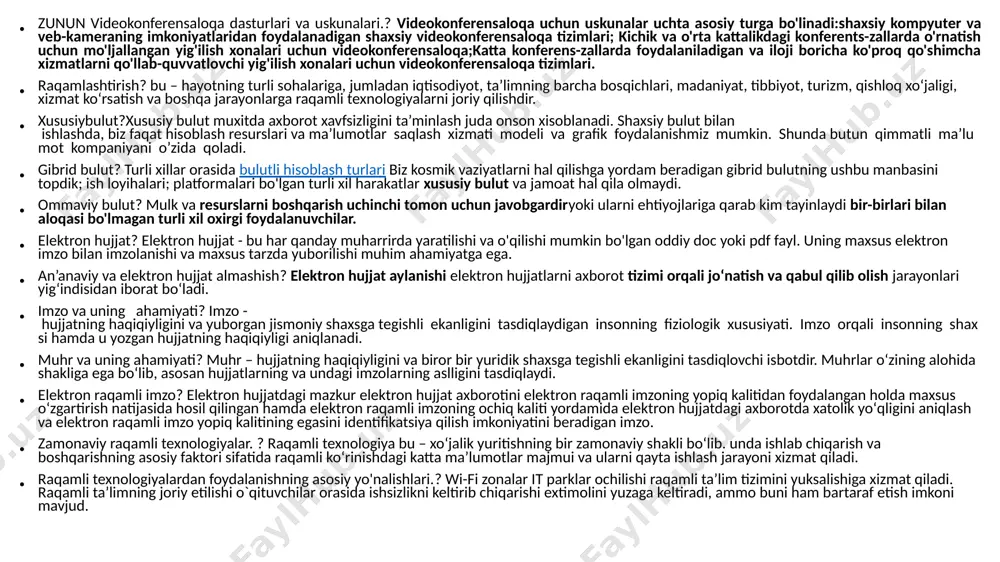 va ma’lumotlarni boshqararish kabi vazifalarni ta’minlaydigan dasturiy vosita. kompyuter tarmoqlarida xavfsizlik chora tadbirlari? ompyuter tarmoqlarida axborotni himoyalash deb foydalanuvchilarni ruxsatsiz tarmoq elementlari va zaxiralariga egalik qilishni man etishdagi texnik, dasturiy va kriptografik usul va vositalar, hamda tashkiliy tadbirlarga aytiladi. ma’lumotlarni shifrlashning kriptografik usullari.? kriptografik uslublardan (shifrmatnga va dastlabki matnga oʻgirish, elektron raqamli imzoni shakllantirish va tekshirish, xesh-funksiya shakllantirish va tekshirish) foydalanishga asoslangan axborotni oʻzgartirish jarayoni. elektron raqamli imzo.? электрон ҳужжатдаги мазкур электрон ҳужжат ахборотини электрон рақамли имзонинг ёпиқ калитидан фойдаланган ҳолда махсус ўзгартириш натижасида ҳосил қилинган ҳамда электрон рақамли имзонинг очиқ калити ёрдамида электрон ҳужжатдаги ахборотда хатолик йўқлигини аниқлаш ва электрон рақамли имзо ёпиқ калитининг эгасини идентификация қилиш имкониятини берадиган имзо video konferensiyaning turlari va ahamiyati.? bir nechta joyda bir vaqtning o'zida audio va video translyatsiyalarini amalga oshirish imkonini beradigan texnologiyadan foydalanib, turli joylardan bir nechta odam bilan interaktiv video muloqotda bo'lish usulidir.turlari zoom video chatlar skayp whatsap zunun videokonferensaloqa …