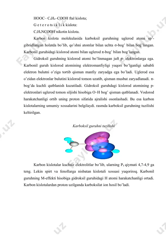 sh sn r e a k s i y a l a r i boradi. karboksi ion rcoo– mezomer ta’sirlashuv hisobiga turg’un bo’ladi. shuning uchun, karbon kislotalar uchun nukleofil o’rin olish reaksiyasi xosdir. nukleofil o’r i n olish reaksiyalarning mexanizmi quyidagicha: reaksiya kuchli nukleofil va oson ketuvchi guruh ishtirokida yoki kislotali katalizator ishtirokida boradi. karbonil guruhi kislorodining protonlanishi uglerod atomida to’liq musbat zaryad paydo bo’lishiga olib keladi, bu esa nukleofil hujumini osonlashtiradi. karbon kislota angidridlari hosil bo’lish reaksiyasi, murakkab efirlar, tioefirlar, amidlar hosil bo’lish reaksiyalari n u k l e o f i l o’ r i n o l i sh sn mexanizmida boradi. kislota karboksilidagi gidroksil guruhning galogenga almashinishi uchun odatda karbon kislotalar yoki ular tuzlariga fosfor galogenidlari pcl5, pcl3, yoki tionil xlorid socl2 reagentlari ta’sir ettiriladi. hosil bo’lgan mahsulotlar g a l o g e n a n g i d r i d l a r …