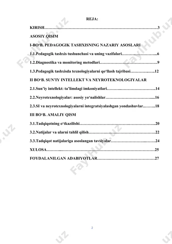 iqlik va samaradorlikni ta'minlaydi, bu esa o'qituvchilarga individual yondashuvni qo'llashga imkon beradi. zamonaviy ta'lim muammolari, jumladan, pandemiya davridagi masofaviy o'qitish, o'quvchi motivatsiyasining pasayishi va ta'lim sifatini baholashdagi qiyinchiliklar, si va neyrotexnologiyalarning qo'llanilishini zarur qilmoqda. si algoritmlari, masalan, mashinaviy o'rganish va chuqur o'rganish modellarini ishlatib, katta hajmdagi ma'lumotlarni tahlil qiladi va prognozlar beradi, bu pedagogik tashxisda an'anaviy usullarning cheklovlarini yengishga yordam beradi. neyrotexnologiyalar esa, o'quvchilarning miya faoliyatini o'lchash orqali, diqqat, xotira va emotsional holatni baholaydi, bu esa ta'lim jarayonini optimallashtirishga olib keladi. ushbu texnologiyalarning integratsiyasi ta'limda yangi paradigmaga olib kelishi mumkin, masalan, neyroo'qitish (neuroeducation) sohasida, u yerda miya haqidagi ilm ta'lim amaliyotiga qo'llaniladi. ushbu kurs ishining maqsadi - pedagogik tashxisda si va neyrotexnologiyalardan foydalanish istiqbollarini kengaytirilgan va murakkab shaklda o'rganish, shu jumladan, ilmiy asoslarini tahlil qilish, qo'llash usullarini ko'rib chiqish va potentsial xatarlarni baholash. kirish qismida mavzuning dolzarbligi, ta'lim tizimidagi o'rni va kelajakdagi rivojlanish yo'nalishlari batafsil yoritiladi. masalan, si ta'limda o'quvchi …
