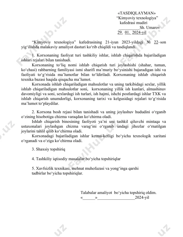 ‘rganuvchi ju + o‘rganuvchi sha + kim bo‘lib ishlayapti (amaliyotchi) ish kuni oy va hafta 22.04 – 27.04.24 29.04 – 04.05.24 06.05 – 11.05.24 13.05 – 18.05.24 20.05 – 25.05.24 o‘rganuvchi du + o‘rganuvchi se ++ o‘rganuvchi cho + o‘rganuvchi pa + o‘rganuvchi ju + o‘rganuvchi sha + o‘rganuvchi du + o‘rganuvchi se + o‘rganuvchi cho + o‘rganuvchi pa + o‘rganuvchi ju + o‘rganuvchi sha + o‘rganuvchi du + o‘rganuvchi se + o‘rganuvchi cho + o‘rganuvchi pa + o‘rganuvchi ju + o‘rganuvchi sha + o‘rganuvchi du + o‘rganuvchi se + o‘rganuvchi cho + o‘rganuvchi pa + o‘rganuvchi ju + o‘rganuvchi sha + o‘rganuvchi du + o‘rganuvchi se + o‘rganuvchi cho + o‘rganuvchi pa + o‘rganuvchi ju + o‘rganuvchi sha + sana talaba tomonidan bajarilgan ishlarning ro‘yhati rahbarning belgisi 29.01.2024 yil ertalab soat 900 da instituti o‘quv binosiiga yetib keldim, malakaviy amaliyot buyrug‘i hamda texnika xavfsizligi bilan tanishib, amaliyot yo‘llanmasini qo‘limga …