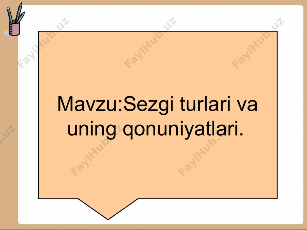 obyektiv ko`rsatkichi sifatida ishlashga imkoniyat yaratadi. ma`lumki, sezgini paydo qiluvchi liar bir qo`zg`atuvchi, ya`ni qo`zg`atgich, ref­lektor jihatdan yuzaga keluvchi jarayonlarni yuzaga chaqiradi, chunonchi bular tomirlarning torayishi, teri galvanik reflektorlarning paydo bo`iishi (teri qarshiligining o`zgarishi), miyaning elektr faolligining o`zgarishi, ko`z-larning qo`zg`atgich tomon burilishi kabilar. bularning barchasi sezgi jarayoni paydo bo`layotgandagina ishga tushadi, shu sababli ular sezgilarning obyektiv ko`rsatkich-lari sifatida xizmat qila oladi. sezgi turlarining psixologik tavsifi psixologiya fanida sezgilar uchta katta guruhga ajratil-gan (eksteroretseptiv, prioretseptiv, interoretseptiv) bular, o`z navbatida, yana quyidagi turlarga bo`linadi: ko`rish sezgilari. eshitish sezgilari. hid bilish sezgilari (eksteroretseptiv). ta`m bilish sezgilari. teri sezgilari. muskul-harakat (kinestetik). statik sezgilar (proprioretseptiv). organik sezgilar (interoretseptiv). rang bilish hid bilish tam bilish muskul-harakat sezgilari va statik sezgilar muskul-harakat sezgilari motor sezgilari, goho kines-tetik sezgilar deb nomlanib, ularga og`irlikni, qarshihkni, organlar harakatini bilish sezgilari kiradi. ularning organlari — gavda muskullari, paylar, bo`g`imlardan iboratdir. organlarning tarkibida sezuvchi nervlarning chekka tarmoqlari mavjud bo`lib, ularning ta`sirida harakat …