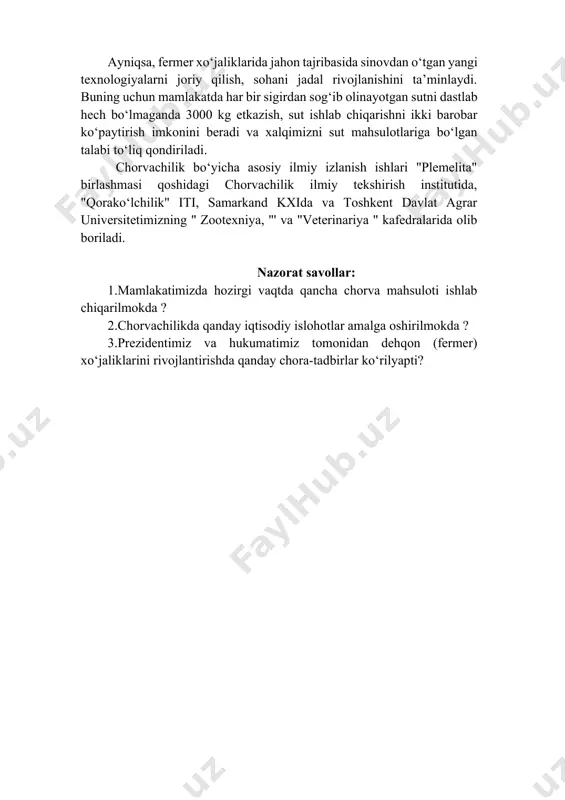 ikasi prezidentining 2019-yil 18-martdagi “chorvachilik tarmog‘ini yanada rivojlantirish va qo‘llab-quvvatlash chora-tadbirlari to‘g‘risida”gi pq-4243-son qarori 2-bandiga muvofiq berilgan imtiyozlar chorvachilik mahsulotlari ishlab chiqaruvchi barcha xo‘jalik subyektlariga va omuxta yem ishlab chiqaruvchi korxonalarga nisbatan ham tatbiq etiladi; 2021-yil 1-yanvardan boshlab 2024-yil 1-yanvarga qadar naslchilik subyektlari uchun ularning asosiy faoliyat turi bo‘yicha foyda solig‘i (tijorat banklarida joylashtirilgan mablag‘lardan olingan foizlardan tashqari), mol-mulk solig‘i, yer solig‘i va suv resurslaridan foydalanganlik uchun soliq stavkasi 50 foiz miqdorida qo‘llaniladi. prezident qarori bilan o‘zbekistonda chorvachilik va uning tarmoqlarini rivojlantirish maqsadlari uchun 2022-yilda jahon bankidan 300 mln dollar kredit mablag‘lari jalb qilinadi. qolaversa, “veterinariya fidoyisi” va “chorvachilik fidokori” ko‘krak nishonlari ta’sis etiladi. prezidentning 8-fevraldagi “o‘zbekiston respublikasida chorvachilik sohasi va uning tarmoqlarini rivojlantirish bo‘yicha 2022−2026 yillarga mo‘ljallangan dasturni tasdiqlash to‘g‘risida"gi qarori qabul qilindi. hujjat o‘zada e’lon qilindi. hujjatga ko‘ra, o‘zbekistonda chorvachilik sohasi va uning tarmoqlarini rivojlantirish bo‘yicha 2022−2026 yillarga mo‘ljallangan dastur hamda dasturda belgilangan vazifalarni 2022 yilda amalga oshirish …