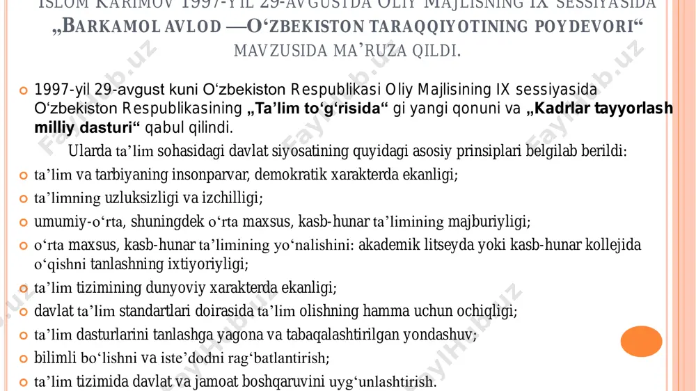 iliali; 2019-yilda amity universiteti (hindiston) filiali; 2018-yilda aqshning webster universiteti filiali ochildi. bugungi kunda 125 otm lar o`z faoliyatini yuritmoqda aqsh, buyuk britaniya, koreya respublikasi, rossiya, hindiston, singapur, malayziya va boshqa davlatlar bilan hamkorlikda 22 ta xorijiy otm va filiallar faoliyat yuritmoqda singapur menejmentni rivojlantirish instituti, astraxan texnika universitetining toshkent viloyatidagi filiali va team universiteti, farg`onadagi koreya xalqaro universiteti kabi nodavlat ta`lim muassasalari faoliyat yuritmoqda. o‘zbekiston respublikasi prezidenti shavkat mirziyoyev 2017-yil 30- sentabrda “maktabgacha ta’lim tizimini boshqarishni takomillashtirish to‘g‘risida”gi farmonni imzoladi. unga ko‘ra, maktabgacha ta’lim vazirligi tashkil etildi. 2017-yil umumta’lim va o‘rta maxsus kasb-hunar ta’limi hamda oliy ta`lim tizimida tub islohotlar yili bo‘ldi. 2017-yilning o‘zida 10-sinf o‘quvchilari uchun 9 mln. nusxa darsliklar chop etildi va 10 mingga yaqin umumta’lim maktabida 11 yillik ta’limga o‘tilgan holda o‘qitish tizimi yo‘lga qo‘yildi. 2017-yil 16-noyabrda o‘zbekiston respublikasi prezidentining “respublika oliy ta’lim muassasalari bakalavriatiga kirish test sinovlarini o‘tkazish tartibini takomillashtirish to‘g‘risida”gi qarori qabul qilindi. unga …