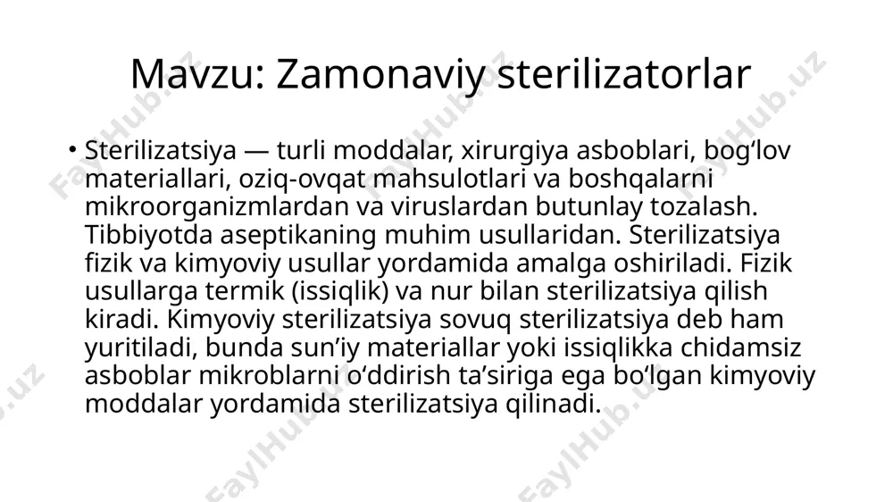 chi materiallar, idishlar va boshqa materiallarning (sterilizatsiyagacha bo‘lgan va undan keyingi) miqdori; sterilizatsiya sharoitlari (harorat, vaqt (sterilizatsiya boshlangan va tamomlangan vaqt ko‘rsatiladi); termotest; materiallar sterilizatsiyasini o‘tkazgan shaxsning imzosi. sterilizator nima ?! sterilizator – bu laboratoriya idish-lari, tibbiy asbob-uskunalarni sterillash uchun xizmat qiladigan qurilma, moslama. avtoklav (avto… va lot. clavis – kalit) – kimyoviy va fizik jarayonlarni(aksari,qizdirish, qaynatishni)yuqori bosimda olib borish, shuningdek tibbiy asboblar va boglov materiallarini sterillash uchun ishlatiladigan apparat.oziq-ovqat,farmatsevtika,tibbiyot,kimyo sanoatida qoʻllaniladi. avtoklavda bosim-va temperatura ta’sirida mahsulotni sterillash,pishirish yoki quyultirish mumkin.uning ichki sirti emal bilan qoplanadi. qaysi sohada ishlatilishiga qarab avtoklav turli bosim va temperaturada ishlaydi. uskunalar turi: avtoklav, bug’li sterilizator, sterilizator ishlab chiqaruvchi: rossiya seriya: vk model: vk-30-01 tavsif: vk-30-01 mexanizmi: yarim avtomatik sterilizator ishlash tizmi: bug’ bosimi asosida qismlari: vertikal silindirsimon sterilizatsion kamera, qopqog’i, termometr , manometr, soat tan narxi: 25 000 000 so’m . vakuumli avtoklav sterilizatori hajmi: 50l/75l/100l mexanizmi : avtomatlashtirilgan. maksimal ish bosimi:0.25mpa nominal ish …