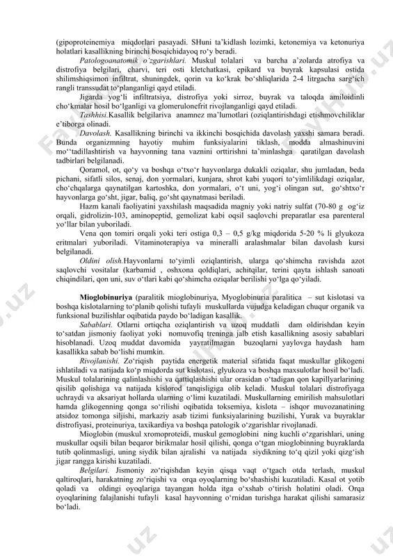 shuningdek, undagi fermentativ hamda so‘rilish jaroyonlarining buzilishi ro‘y beradi. natijada oqsillar albumoz va peptonlargacha, uglevodlar esa dekstrinlargacha parchalanadi. ichak devori orqali so‘rilishning qiyinligi tufayli ularning tezak bilan tashqariga chiqib ketishi jaroyonning yanada og‘irlashishiga olib keladi. hayvonlarni uzoq vaqt davomida etarli darajada oziqlantirmaslik gipofizda gonadotropin sintezining susayishi va natijada urg‘ochi hayvonlarda jinsiy siklning buzilishi, bachadon massasining kamayishi, tuxumdonlar atrofiyasi hamda ularda follikula etilishining yomonlashishiga sabab bo‘ladi. belgilari. hayvon tana vaznining kamayish darajasiga ko‘ra alimentar distrofiya shartli ravishda uch bosqichga bo‘linadi. birinchi bosqich – tana vaznining 15-20%, ikkinchi bosqich – 20-30 va uchinchi bosqich – 30% dan ko‘proq kamayishi bilan namoyon bo‘ladi. tana vaznining 40% va undan ko‘pga kamayishi hayvonning o‘limiga sabab bo‘ladi. birinchi bosqichda hayvonning tana vazni, mahsuldorlik hamda ish qobiliyatining pasayishi kuzatilsada, etiologik omillarning bartaraf etilishi bilan tanadigi barcha fiziologik jarayonlar tiklanishi mumkin. ikkinchi va uchinchi bosqichlarda oriqlash, shilliq pardalarning oqarishi va kuchsiz ko‘karishi, junning hurpayishi va dag‘allashishi, qo‘ylarda esa …