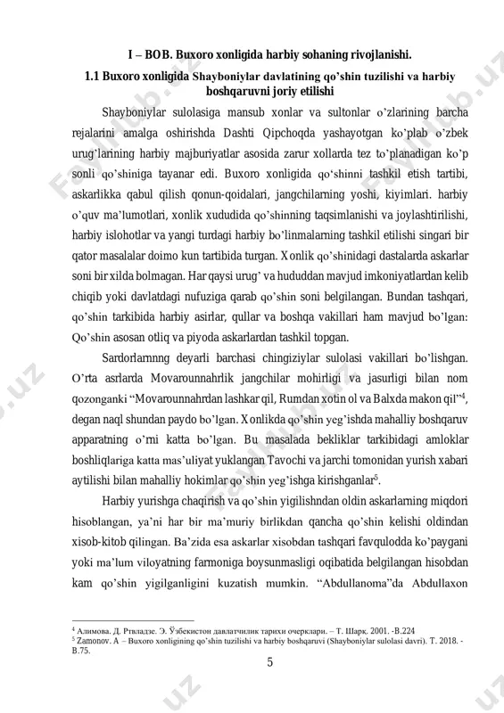monidan yurish xabari aytilishi bilan mahalliy hokimlar qo’shin yeg’ishga kirishganlar5. harbiy yurishga chaqirish va qo’shin yigilishndan oldin askarlarning miqdori hisoblangan, ya’ni har bir ma’muriy birlikdan qancha qo’shin kelishi oldindan xisob-kitob qilingan. ba’zida esa askarlar xisobdan tashqari favqulodda ko’paygani yoki ma’lum viloyatning farmoniga boysunmasligi oqibatida belgilangan hisobdan kam qo’shin yigilganligini kuzatish mumkin. “abdullanoma”da abdullaxon 4 алимова. д. ртвладзе. э. ўзбекистон давлатчилик тарихи очерклари. – т. шарқ. 2001. -b.224 5 zamonov. a – buxoro xonligining qo’shin tuzilishi va harbiy boshqaruvi (shayboniylar sulolasi davri). t. 2018. - b.75. 6 qo’shiniga ko’p xollarda askarlarning “xisobdan tashqari" kelib qo’shilganligi xaqidagi ma’lumotlarni uchratish mumkin. manbalarning dalolat berishicha, favqulodda vaziyatlarda eng qalts harbiy vazifalarni bajarishga mo’ljallangan jangovar qismlar ham bo’lib, ular saralangan o’zbek jangchilaridan tashkil toptan. xonning qo’riqchilari ham qo’shinda saralangan o’zbek navkarlaridan tuzilardi. ularning ijtimoiy tarkibi turli-tuman bo’lib, xatto navkarlik xizmatiga ayrim yirik yer egalari ham qabul qilingan. navkarlarning mansab darajasi ularning mulkiy xolatiga qarab ham …