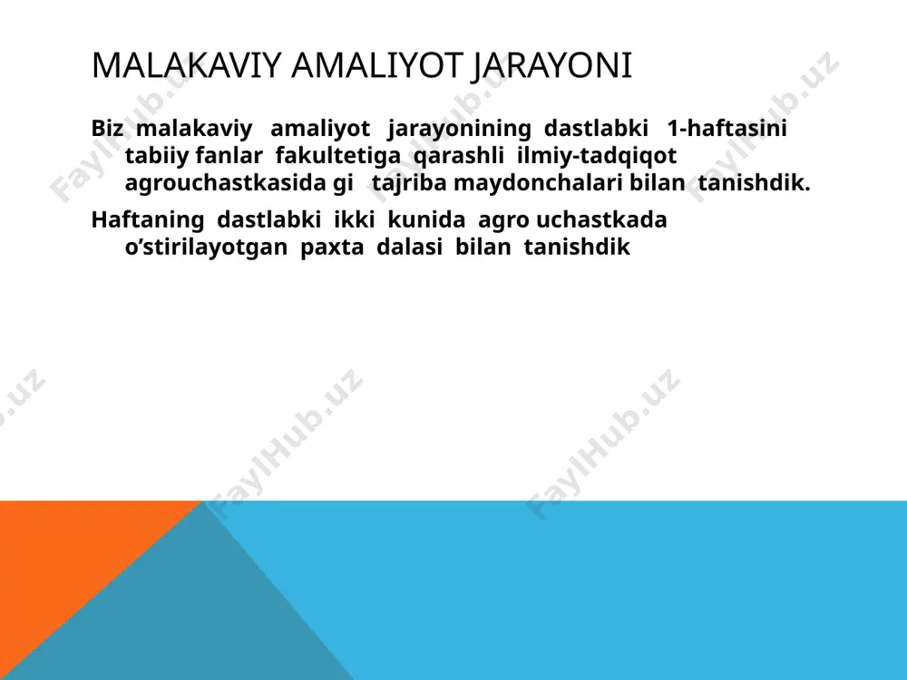 t mahsulotlari tayyorlash uskunasiga yuboriladi. amaliyot jarayonida zamonaviy muzlatgich bino inshootiga tashrif buyurdik. tashrif jarayonida binoning ichki va tashqi ko’rinish dizayni va qanday qilib mahsulotlarni yillab saqlash mumkinligini bilib oldik. ushbu binoda mahsulotning tiuri va maqsadga qarab turli daraja va muddatlarga saqlash mumkin ekan. amaliyot davomida “sulsher jahon “ go’sht mahsulotlarini ishlab chiqarish korxonasiga tashrif buyurdik. u yerda go’sht mahsulotlari ishlab chiqaradigan uskunalar bilan tanishdik. afsuski biz tashrif buyurgan kunda sanitar tozalov o’tkazilayotganligi sababli mahsulot ishlab chiqarish jarayoni bilan tanisha olmadik. amaliyotimiz so’ngida kogondon aj ga tashrif buyurdik. korxonaga sayohatimiz davomida korxonaga daladan qanday qilib don lar olib kelinishi va labaratoriya jarayonidan to donni qayra ishlash jarayonigacha bo’lgan bosqichlari bilan tanishdik va malaka va ko’nikma hosil qildik. e’tiboringiz uchun rahmat!!! image3.jpeg image4.jpeg image5.jpeg image6.jpeg image7.jpeg image8.jpeg image9.jpeg image10.jpeg /docprops/thumbnail.jpeg