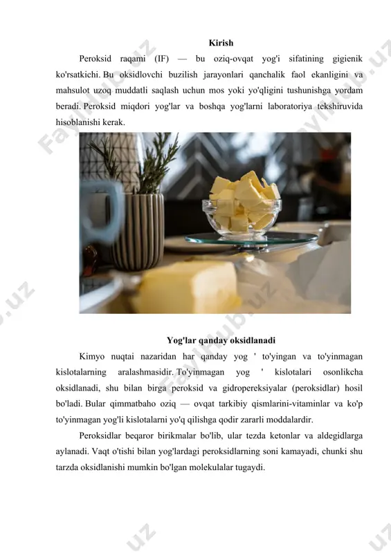 olga keltiriladi va qorong'i sovuqqa joylashtiriladi (+15 harorat bilan...+20℃) 5 daqiqa davomida joy. namuna tayyorlash shartlariga rioya qilish juda muhim, chunki peroksidlarning parchalanishi oson va o'lchov natijasi noto'g'ri bo'lishi mumkin. keyin reaktsiyani to'xtatish uchun namunaga 75 sm3 distillangan suv qo'shiladi. titrlash texnikasi if ning taxminiy qiymatiga bog'liq. agar u 6 dan yuqori bo'lsa, u holda 0,01 mol/l konsentratsiyadagi titrlash eritmasi eritma sezilarli darajada rangsizlanmaguncha qo'shiladi. agar yog ' yangi bo'lsa, bu bosqich o'tkazib yuboriladi. kraxmal namunaga qo'shiladi-shunda aralashmaning rangi binafsha-ko'k rangga aylanadi va keyin eritma sutli oq bo'lguncha natriy tiosulfat 0,02 mol/l eritmasi bilan titrlanadi. keyin hisob-kitoblar amalga oshiriladi. peroksid soni 1 kg yog ' uchun faol kislorodning millie ekvivalentlarida (ba'zan millimollarda) ifodalanadi. yuqori if ko'rsatkichi shuni ko'rsatadiki, yog ' yomonlasha boshlagan va oziq-ovqat uchun yaroqsiz yoki uni saqlash o'rniga imkon qadar tezroq ishlatish kerak. ammo past qiymatlar peroksidlarning paydo bo'lishiga vaqt yo'qligini ham, ular allaqachon ikkilamchi oksidlanish mahsulotlariga — …