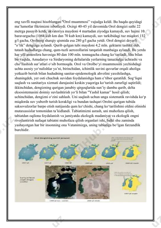 oni echish yoʻllari qidiriladi. orol dengizining qurishining asosiy sababi bu xoʻjalik ehtiyojlariga ishlatilishi yaʼni paxta, bugʻdoy sugʻorilishiga amudaryo va sirdaryodan foydalnganliklari uchun orol dengiziga suv kam etib kela boshlagan. shu tufayli orol dengizi sekin-asta quriy boshlagan. hozirgi kunda sayyoramizda inson faoliyatining salbiy ta’siri natijasida atrof muhitda sezilarli o‘zgarishlar ro‘y bermoqda. jumladan, iqlim o‘zgarishlari, turli xildagi tabiiy ofatlar yer sayyorasining barcha kengliklarida sezilmoqda. oqibatda o’rmon bilan qoplangan maydonlar qisqarmoqda, atmosfera, suv va litosfera ifloslanmoqda. tabiiy muhit holatining inson ta’sirida o‘zgarishi, jonli va jonsiz komponentlarga kuchli antropogen ta’sir mahalliy, mintaqaviy va umumjahon ekologik muammolarni keltirib chiqaradi. jumladan, shu kabi ta’sirlar natijasida mintaqadagi ekologik inkirozning eng xavfli nuqtasi hisoblangan "orol muammosi” vujudga keldi. bu haqda quyidagi ma’lumotlar fikrimizni isbotlaydi. oxirgi 40-45 yil davomida orol dengizi sathi 22 metrga pasayib ketdi, akvatoriya maydoni 4 martadan ziyodga kamaydi, suv hajmi 10 baravargacha (1064 kub km dan 70 kub km) kamaydi, suv tarkibidagi tuz miqdori 112 …