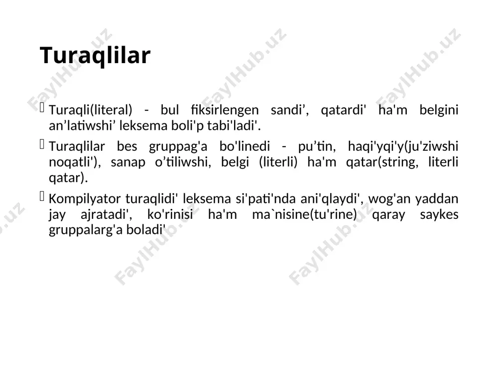 nadi'. o’zgeriwshi ma’nisleri' belgili boli'wi' yamasa unsigned gilt so'zi menen belgisiz son si'pati'nda qarali'wi' mu'mkin belgi tu'ri belgi tu’rindegi o’zgeriwshiler char gilt so'zi menen beriledi ha'm wolar wo'zinde belginin' ascii kodi'n saqlaydi'. belgi, tu’rindegi ma’nisler sali'sti'rg'anda quramali' bolg'an strukturalar-qatarlar, belgiler massivleri ha'm basqalardi payda yetiwde isletiledi. haqi'yqi'y san tu'ri haqi'yqi'y sanlar float gilt so'zi menen dag'aza yetiledi. bul tu'rdegi o’zgeriwshi ushi'n yadta 4 bayt jay ajrati'ladi' ha'm qa'lipinde sandi’ saqlaydi'. yeger bo’lshekli san u'lken(kishi) ma’nislerdi' qabi'l yetetug'i'n bolsa, wol yaddi' 8 yamasa 10 baytda yekilengen ani'qli'q ko'rinisinde saqlanadi' ha'm saykes double ha'm long double gilt so'zleri menen dag'aza yetiledi. son'g'i' jag'day 32-razryadli platformalar ushi'n wori'nli' logikali'q tu'r bul tu'rdegi o’zgeriwshi bool gilt so'zi menen dag'aza yetiledi. ol tu'rdegi o’zgeriwshi 1 bayt jay iyeleydi ha'm 0(false, jalg’an) ma`nisinen ayri'qsha ma’nis(true, ras) qabi'l yetedi. logikali'q tu'r o’zgeriwshiler ma’nisler wortasi'ndag'i' munasa'betlerdi an'latatug'i'n woy-pikirlerdi ras(true) yamasa jalg’an(false) yekenligin suwretlewinde qollaniladi ha'm wolar qabi'l yetetug'i'n …