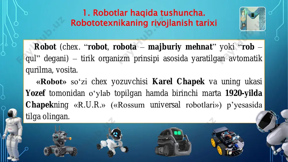ed” firmasining “unimate” sanoat robotlari edi. “unimate” birinchi sanoat roboti 1. robotlar haqida tushuncha. robototexnikaning rivojlanish tarixi robotlar ishlab chiqarishning rivojlanish xronologiyasi: - 1967-y. aqsh litsenziyasi bilan angliyada va gfr da; - 1968-y. shvetsiya va yaponiyada (aqsh litsenziyasi bilan); - 1972-y. fransiyada; - 1973-y. italiyada. xx asr o‘rtalarida robotlar ishlab chiqarish yiliga o‘rtacha 20-30% ga ortib bordi va 1998-yilda 1 mln. taga yetdi. xx asrning oxirgi o‘n yilida sanoat robotlarining narxi 5 barobarga tushdi, ularning texnik xarakteristikalari esa yaxshilandi. buning natijasida robotlardan foydalanish samaradorligi oshdi. 1980-1981-yillarda birinchi sensorli va mikroprotsessorli boshqariladigan robotlar yaratildi. 1. robotlar haqida tushuncha. robototexnikaning rivojlanish tarixi cincinnati milacron t3 sensorli va mikroprotsessorli sanoat roboti puma 560 sensorli va mikroprotsessorli sanoat roboti 1. robotlar haqida tushuncha. robototexnikaning rivojlanish tarixi 1981-yilda yaratilgan birinchi qadamlovchi robot - asv-armored security vehicle “big dog” texnik ko‘rsatgichlari: uzunligi – 5 m; eni – 2.4 m; balandligi – 3m; massasi – 2.7 t; …