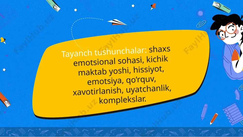 tufayli yuzaga keladi a) o‘qishda izchillik prinsipiga rioya qilmaslik tufayli; b) o‘quvchilarga kuchlari yetmaydigan, ya’ni ortiqcha talab qo‘yib yuborish orqali; v) ayrim pedagoglar, ota-onalar va shuning bilan birga sinfdoshlaming o‘quvchilarning kuchi, aqli, qobiliyatlari va fahm-farosatlariga ishonchsizlik bildirishi tufayli; g) ana shunday o‘quvchilarni yomon baho olganliklari uchun qo‘rqitish va jazolashlashlari tufayli 3. kichik maktab yoshida emotsional sohaning buzilishi kichik maktab yoshidagi bolalarning emotsional hayoti ta’lim va tarbiyaning ta’siri ostida ancha kengayib, hislarning yo‘nalganligida katta tabaqalanish yuzaga keladi. bu yoshda oliy hislarning barcha turlari rivojlana boshlaydi murakkab, chuqur hislar bolada shu hislarni tug‘dirgan obyektlar bizga qayta-qayta ta’sir o‘tkaza berganida yo‘q bo‘lib ketmaydi, balki, aksincha, yana ham kuchli va barqaror bo‘lib qoladi. masalan, musiqa asarlarini qayta-qayta eshitish natijasida bizning estetik hislarimiz chuqur va kuchli bo‘lib qoladi. ba’zi insonlarda ma’lum bir vaziyat va holatga nisbatan noadekvat (muvofiq kelmaydigan) reaksiyalar bilan ifodalanuvchi yopishqoq qo‘rquvlar va fobiyalar ham uchrab turadi. fobiya biror vaziyat, hodisa predmetga nisbatan …
