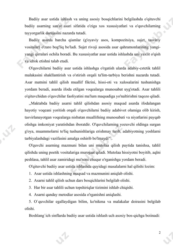 topshiriqlar tizimini ishlab chiqishi. 4. asarni qanday metodiar asosida o'rganishni aniqlashi. 5. o`quvchilar egallaydigan bilim, ko'nikma va malakalar doirasini belgilab olishi. boshlang`ich sinflarda badiiy asar ustida ishlash uch asosiy bos-qichga boiinadi: birinchi bosqich (birinchi sintez). bu bosqichning asosiy vazifasi matnni yaxlit idrok etish asosida asarning aniq mazmuni va tasviriy ifoda vositalari bilan tanishtirishdan iborat. ikkinchi bosqich (analiz)- bu bosqichning vazifasi va ish mazmuni voqealar rivojining bog'lanishini belgilash, ishtirok etuvchi shaxslaraing xulq-atvori va ularning asosiy xususiyatlarini aniqlash (nega shunday qildi va bu uning qanday xususiyatini ochadi), asar kompozitsiyasini ochish (tugun, kulminatsion nuqta, yechim), asarning aniq mazmunini tasviriy vositalar bilan birga tahlil qilish va qahramonlar xulq-atvorini baholash (muallif nimani tasvirlagani, qanday tasvirlagani, nima uchun u yoki bu dalilni tanlagani)dan iborat. uchinchi bosqich (ikkinchi sintez). bu bosqichning ish mazmuni ishtirok etuvchi shaxslarning muhim xususiyatlarini umumlashtirish, qahramonlarni taqqoslash va baholash, asarning g'oyasini aniqlash, badiiy asarni hayotni bilish manbai va san'at asari sifatida baholash (qanday …