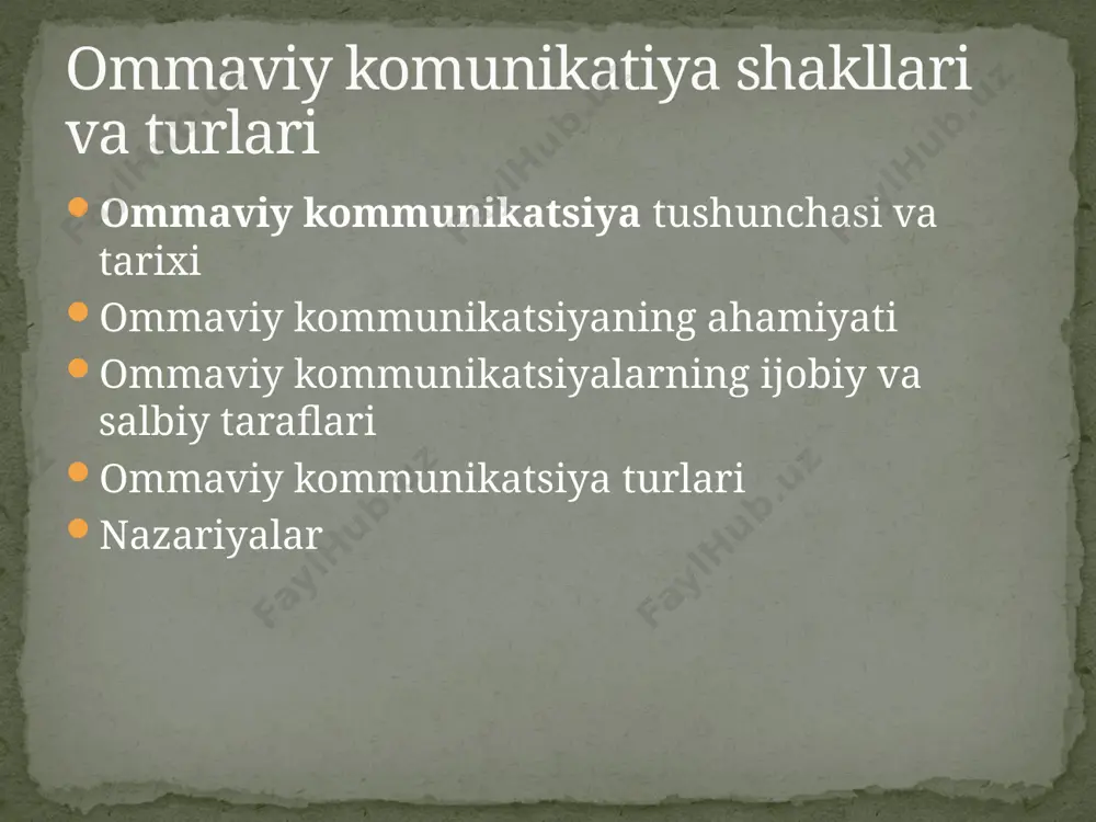 chta, telefaks, telefon). ijtimoiy sohada ommaviy kommunikatsiya kommunikatsiya fanining kichik sohasi sifatida koʻriladi. ommaviy kommunikatsiya — bu „shaxs, odamlar guruhi yoki tashkilot tomonidan axborot yaratiladigan va uni qandaydir vosita orqali katta, anonim, bir xil boʻlmagan auditoriyaga yetkazish jarayonidir.“[3] bu shuni anglatadiki, ommaviy kommunikatsiya auditoriyasi asosan turli madaniyatlar, xatti-harakatlar va eʼtiqod tizimlariga mansub boʻladi. tarixdagi birinchi ommaviy axborot vositasi davriy matbuot edi. uning vazifalari yillar davomida oʻzgarib borgan. masalan, xvi-xvii asrlarda matbuotning avtoritar nazariyasi mavjud boʻlgan boʻlsa, xvii asrda — erkin matbuot nazariyasi, shuningdek, xix asrda proletar matbuoti nazariyasi shakillandi. 20-asr oʻrtalarida esa ijtimoiy mas’uliyat nazariyasi paydo boʻldi. axborotni idrok etish nuqtai nazaridan davriy bosma televideniya, radio va kompyuter tarmoqlariga nisbatan ancha murakkab shakl hisoblanadi. bundan tashqari, materialni taqdim etish nuqtai nazaridan gazetalar boshqa ommaviy axborot vositalariga qaraganda kamroq samaralidir. bunga qaramasdan, ommaviy axborotni yetkazib berishda davriy bosma vositalarining inkor etilmaydigan afzalliklari ham bor: *siz bir xil gazeta materialiga qayta-qayta qaytishingiz …