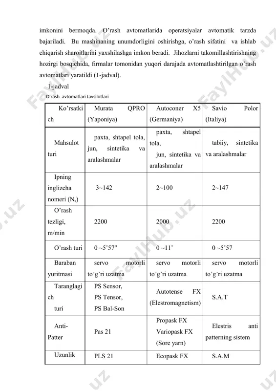 avtomatining bir nechta variantlarini tavsiya etadi. ularni to’la avtomatlashgan, qisman va asosiy vazifalarni qo’lda bajarishga mo’ljallangan konstruksiyalari ham taklif etilmoqda. turli turdagi autoconer o’rash avtomatlarida ipni qayta o’rash qurilmalari deyarli bir xil qismlardan tashkil topgan. ularning tuzilishi mashina turiga qarab ayrim farqlarga ega. standart o’rash qurilmasi 2-rasmda tasvirlangan. iplarni qayta o’rash sifati va samaradorligi ko’p jihatdan ip tarangligiga bog’liq. taranglikni rostlash uchun "schlafhorst" firmasi autotense fx faol tizimini yaratdi. ushbu tizim ipning tarangligining mutloq qiymatini tashqi ta‟sirlardan himoyalangan holda o’lchash imkonini beradi. ip tarangligining me‟yori barcha o’rash qurilmalaridagi hisoblash tizimiga markazlashtirilgan tartibda bir xilda o’rnatiladi. shu yo’l bilan barcha bobinalarda o’rash zichligini bir xilda va belgilangan me‟yorlarga mos bo’lishi ta‟minlanadi. taranglikni uzluksiz nazorat qilish va rostlash avtomatik tarzda amalga oshiriladi. autotense taranglik kuchini o’lchash natijasini hisoblash tizimiga uzatadi. agar o’lchash natijasi belgilangan me‟yordan farqli bo’lsa, elektromagnit yordamida ipga beriladigan bosim o’zgartiriladi. ushbu tizim naychani o’rashdagi katta nuqsonlar yuzaga keltiradigan o’zgarishlarni …