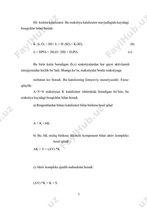 natijasida vodorod ionlari ham kamayib, pirovardida katalitik aktivlik kamayishi kerak edi. bu hodisa ikkilamchi tuz effekti deyiladi. kislotaga shu kislota tuzi ko’shilganda anion ko’p ayadi, demak kislota anioni ham katalizatordir. reakstion aralashmaga kislota bilan bir katorda boshqa kislotalar tuzi kushilganda ham katalitik effekt ortadi. bu hodisa birlamchi tuz effekti deyiladi. bu hodisaga sabab tuz qo’shilganda eritmaning ion kuchi ortadi. h3 o+ ning termodinamik aktivligi ortadi, aktiv massalar konuniga binoan tezlik oshadi. foydalanilgan adabiyotlar ro’yxati 1. “neft va gazni qayta ishlashda katalitik jarayonlar” ma’ruza matni. safarov b.j. buxoro 2012 y. 2. h.r.rustamov, sh.p.nurullayev. “fizikaviy kimyo”. toshkent 2011 y. 376 bet. 3. кравцов а.в., ивашкина е.н., юрьев е.м теоретические основы каталитических процессов переработки нефти и газа: учебное пособие. – томск: изд-во тпу, 2009. – 146 с. internet saytlari 1. www.rwe.com 1. www.oil.com 1. www.oil-gas.at 1. www.cac-chem.de 1. www.flottweg.com 7