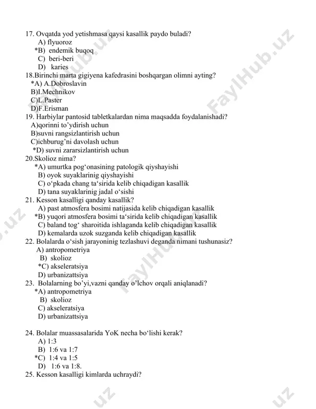 b) 16-180s c) 18-200s d) 20-210s 29.ekologiya atamasi qanday so‘zdan olingan va qanday maʻnoni bildiradi? a) lotincha oykos-uy joy maʻnoni bildiradi *b) yunoncha oykos-uy yashash joyi,logos-fan maʻnosini bildiradi c) arabcha so‘zdan olingan d) grekcha so‘zdan olingan. 30. odam organizmiga taʻsir ko‘rsatadigan tashqi muhit omillari necha guruxga bo‘linadi? a) fizik va kimyoviy omillar b) fizik , kimyoviy va radiologik c) fizik va biologik, psixogen *d) fizik, kimyoviy, biologik 31.shamol takrorlanishining grafik tasviriga nima deyiladi? a) rumba *b) shamol guli c)shamolda ochilgan gular d)tablitsa 32.ichimlik suvida mikroblar soni qancha bo’lishi kerak? *a)100 ta b)200 ta c)1500 ta d)10 ta 33.absolyut namlikning maksimal namlikka nisbatini foizlarda ifodalanishiga nima deyiladi? a)absolyut namlik b) maksimal namlik *c) nisbiy namlik d) minimal namlik 34.qattik chiqindilarni yokish uchun muljallangan maxsus pechlarning harorati qancha? a) 600-7000s b) 600-9000s c) 600-10000s *d) 600-12000s 35. suvning koli titri qancha miqdordagi suvda aniqlanadi? a) 1 litr b)200 ml *c)333 ml d)500 …