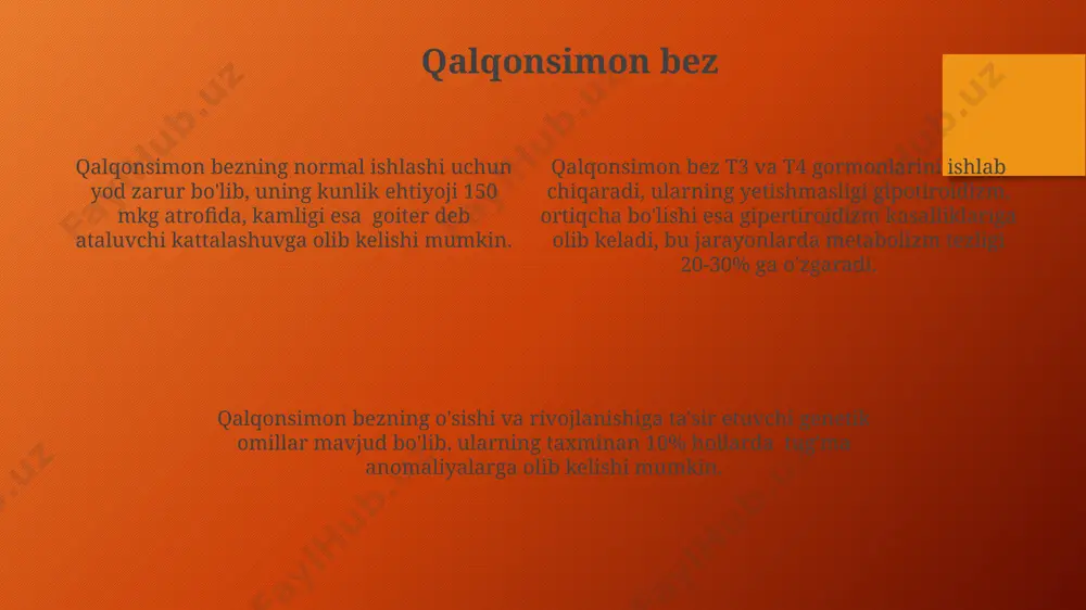 hi mumkin, bu esa avlodlar davomida kasallik xavfini oshiradi. qalqonsimon oldi bezi gormonlari qalqonsimon oldi bezining gormonlari, ayniqsa tsh, metabolizmni, o'sishni va rivojlanishni tartibga soladi, shuningdek, 10 dan ortiq organlarning faoliyatiga ta'sir ko'rsatadi. qalqonsimon oldi bezi, tsh gormonini chiqarish orqali, qalqonsimon bezining faolligini 20% gacha boshqaradi va bu jarayon gipothalamus tomonidan trh gormoni orqali tartibga solinadi. qalqonsimon oldi bezining ikki xil hujayralari, tirotroplar va kortikotropin chiqaruvchi hujayralar, birgalikda 5 dan ortiq turdagi gormonlarni sintez qiladi va ajratadi. erkak jinsiy bezlari gormonlari erkak jinsiy bezlari asosan testosteron, taxminan 7 mg/sutka miqdorida ishlab chiqaradi, va bu androgenlar guruhining asosiy vakili hisoblanadi. erkak jinsiy bezlari testosterondan tashqari, kichik miqdorda estrogenlar va prolaktin kabi boshqa gormonlarni ham sintezlaydi, ularning konsentrasiyasi testosteronga nisbatan ancha past bo'ladi. testosteronning 98% qon plazmasida jinsiy gormonlarni bog'lovchi globulin (shbg) bilan bog'langan holda mavjud bo'ladi, faqat 2% erkin shaklda faol hisoblanadi. ayol jinsiy bezlari gormonlari ayol jinsiy bezlari tomonidan ishlab …