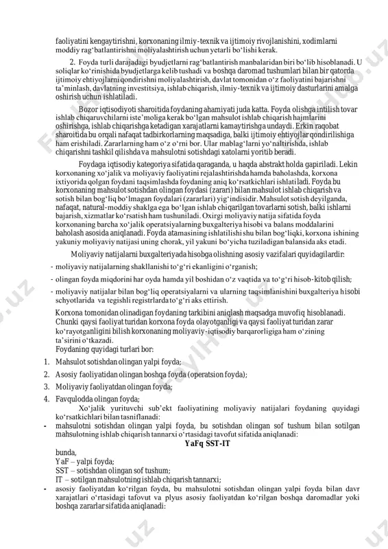 zorida korxonalar nisbatan alohida tovar ishlab chiqaruvchi bo‘lib maydonga chiqadilar. bozorda mahsulotga narx belgilab, uni iste’molchilarga sotadilar. sotish natijasida ular pul tushumini oladilar, bu esa daromad olinganligini anglatadi. moliyaviy natijani aniqlash uchun tushumni mahsulot ishlab chiqarishga ketgan xarajat bilan taqqoslash kerak. agar tushum xarajatlardan yuqori bo‘lsa, moliyaviy natija foyda olinganligidan dalolat beradi. tadbirkor doimo foyda olishni o‘z oldiga maqsad qilib qo‘yadi, lekin bunga doim ham erisha olmaydi. agar tushum xarajatlarga teng bo‘lsa, unda faqat mahsulot ishlab chiqarish va sotish xarajatlari qoplangan bo‘ladi, xolos. bunda zarar ko‘rilmaydi, lekin ishlab chiqarish, ilmiytexnik va ijtimoiy rivojlanishning manbai sifatidagi foyda ham olinmaydi. agar korxona xarajatlari tushumidan ko‘p bo‘lsa, u zarar ko‘radi, ya’ni salbiy moliyaviy natijaga erishadi. bu holat uni ancha murakkab moliyaviy ahvolga solib qo‘yadi. foydani bozor munosabatlarining o‘ta muhim kategoriyasi sifatida talqin etish mumkin. 1. foyda korxona faoliyati natijasida olingan iqtisodiy samarani xarakterlaydi. lekin yagona foyda ko‘rsatkichi yordamida korxona faoliyatining barcha tomonlarini baholab …