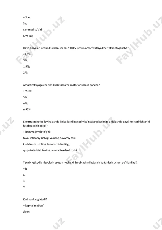 jratishga kuchlanishni pasaytirishga zanjirlar-ni qo‘shishda energoaudit o‘tka-zilish shartli ra-vishda necha etapda o‘tkaziladi? + 4 2 5 6 elektr energiyani tejash tadbirlari ko‘rinishlari pog‘o-nalari nechaga bo‘linadi? + 3 2 1 4 ikkinchi pog‘ona tadbirlari nechaga bo‘linadi? + 4 2 3 1 uchinchi pog‘ona tadbirlari nechaga bo‘linadi? + 4 2 3 1 z nimani angla-tadi? + keltirilgan xarajat kapital xarajat amartizatsion ajratma narx ∆et nimani anglatadi? + texnikaviy isrof hisobga olinmagan elektr energiya o‘lchash isrofi umumiy isrof kompensatsiya qi-lish necha xil bo‘lishi mumkin? + 3 2 1 5 θ nimani angla-tadi? + elektr stansiya transforma-tor shina ajratgich elektr yuklamani maarkazi nima uchun qo‘llaniladi ? +elektroenergiyaning ratsional taqsimot nuqtasi. yuklamalarning taqsi-mot markazi masshtab bo‘yicha aniqlash uchun. tanlanayotgan podstansiyaning ratsional taqsimoti uchun kuch trans-formator-larining quvvatini to‘g‘ri tan-lash uchun. iste’molchilarning effektiv soni nima uchun aniqlanadi? +km kn ks kz zarbiy tokni aniq-lashda zarbiy koef-fitsenti qanchaga teng? +1,8 1,6 1,4 2,4 qaysi paytda ak-tiv qarshilik xisobga …