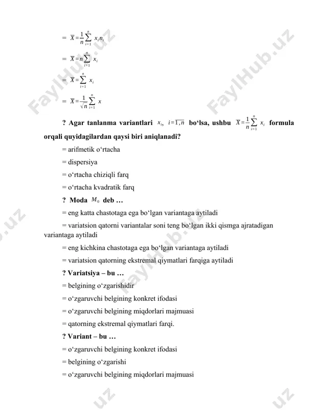 o‘zgaruvchi belgining konkret ifodasi = o‘zgaruvchi belgining miqdorlari majmuasi = belgining o‘zgarishidir ? agar va variatsion qatorning mos ravishda eng kichik va eng katta qiymatlari bo‘lsa, tenglik quyidagilardan qaysi birini ifodalaydi? = variatsiya kengligini (chegarasini) = variatsion qatorni = variatsion qator elementlarini = variantni ? agar tanlanma to‘plam qiymatlar bo‘yicha o‘sish (yoki kamayish) tartibida joylashtirilsa, unga … deyiladi. = variatsion qator = dispersiya = o‘rtacha kvadratik qiymat = tuzatilgan dispersiya ? matematik statistika usullari quyidagi qaysi usullarga bo‘linadi? = dispersion tahlil, korrelyatsion va regression tahlil, omilli tahlil, indekslar nazariyasi = ishlab chiqarish funksiyalari nazariyasi, talab va taklif tahlili, chiziqli dasturlash = ishlab chiqarish funksiyalari nazariyasi, talab va taklif tahlili, optimal dasturlash = ishlab chiqarish funksiyalari nazariyasi, omilli tahlil, indekslar nazariyasi ? agar tanlanmada varianta marta, varianta marta, varianta marta kuzatilgan bo‘lsa, u holda sonlar … deyiladi. = chastotalar = nisbiy chastotalar = kuzatish natijalari = tanlanma zichligi ? agar tanlanmada …