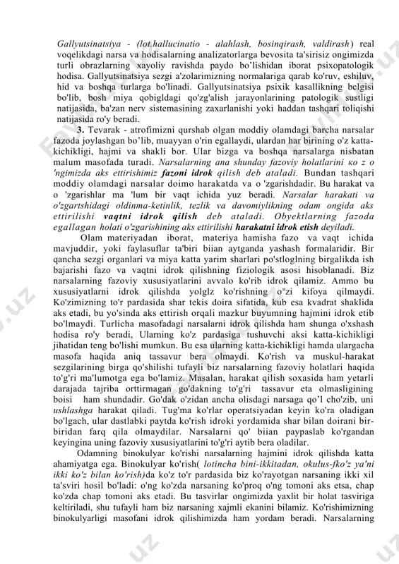 l idrok qilamiz. bu idrokimizning konstahtligidan, ya'ni doimiyligidan dalolat beradi. psixolog djozef yastrou chizgan rasm. (11-rasm) 12-rasmda nimalarni ko'rayapsiz? idrok darajalari. idrokning o'tmish tajribaga bog' liqligi appersepsiya (latincha ap(taaluqli)+perceptio (idrok demakdir) deb ataladi. turli kasb kishilari bitta narsaning o'zini turlicha idrok qiladilar. gulni ko'zdan kechirayotgan rassom guldagi ranglarning uyg'unligiga e'tibor bersa, botanik qaysi sinfga mansubligi nuqtai-nazaridan qaraydi, agronom yem hashak turi sifatida qaraydi vxk. bizning ongli idrok etishimiz persepsiya deyiladi. narsalarni noto'g'ri, buzib idrok qilish illyuziya deb ataladi. bu singari rasmlarni ko'zdan kechirishda xatoga yo'l qo'yadilar, chunki bu illyuziyalar sezgilarimiz va idrokimizning xususiyatlariga bog'liqdir. illyuziyalarning ayrimlari nomlarini aytib o'tamiz; 1. ochiq (yorqin) va bo'glq rang illyuziyasi. 2. kontrastlik illyuziyasi. 3. butun xususiyatlarning bo'laklarga ko'chishi illyuziyasi. 4. narsalar tepa qismining kattalashib ko'rinishi illyuziyasi. 5. chiziqlar yo'nalishining o'zgarishi illyuziyasi. 6. perspektiva illyuziyasi. 13-rasmdagi chiziqlarning qaysi biri uzun? 14-rasmdagi kvadratlarning qay biri katta? gallyutsinatsiya - (lot.hallucinatio - alahlash, bosinqirash, valdirash) real voqelikdagi narsa …