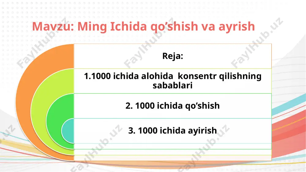 30+40=70),kеyin birliklarni qo’shamiz (2+5=7) umumiy yig’indini tоpamiz (70+7=77) ya’ni u amalda yig’indini yig’indiga qo’shish amalini bajaradi: 32 + 45 = ( 30 + 2 ) + ( 40 + 5 ) = ( 30 + 40 ) + ( 2 + 5 ) = 70 + 7 = 77 e’tiboringiz uchun tashakkur image3.png image4.png image5.png image10.png image11.png image12.png image15.png image16.png image17.png image1.png image2.png /docprops/thumbnail.jpeg