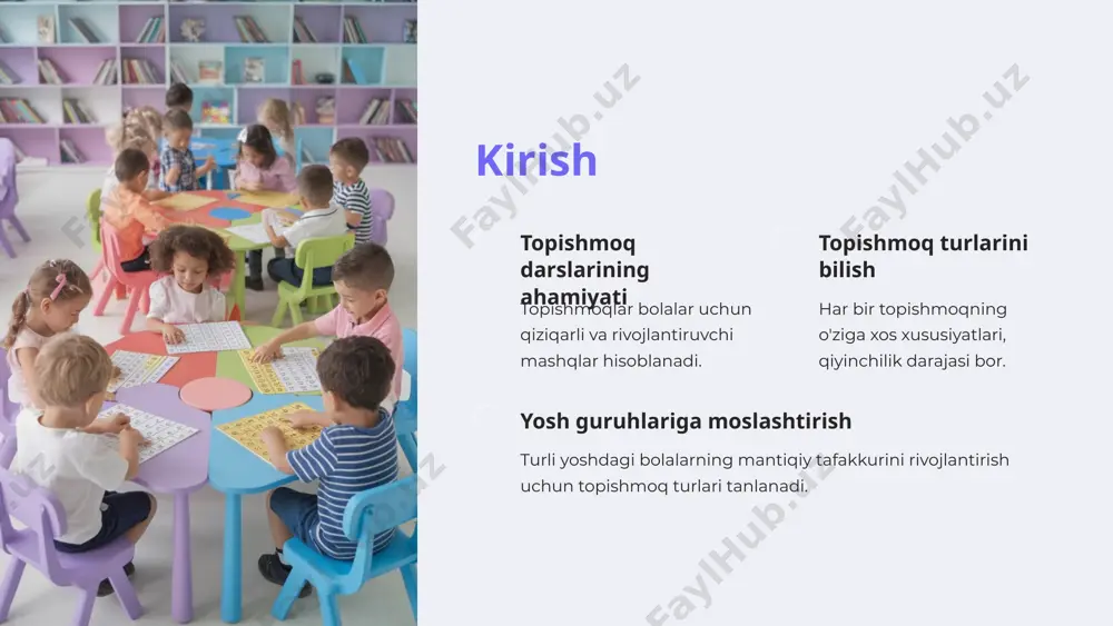 i va kalitlarni topish juda muhim. 2 tahlil topishmoqning mazmunini chuqur tahlil qilish, turli variantlarni ko'rib chiqish lozim. 3 yechish topishmoqni yechish uchun turli yondashuvlar va usullardan foydalanish kerak. 5 yosh guruhlariga moslangan topishmoqlar kichik yoshdagilar uchun oddiy, tushunarli va qisqa topishmoqlar bolalarning e'tiborini tortadi va ularning mantiqiy tafakkurini rivojlantiradi. o'rta yoshdagilar uchun yanada murakkab, jonli va qiziqarli topishmoqlar yosh o'spirinlarning ijodiy fikrlash qobiliyatini oshiradi. kattalar uchun nozik masalalar, tarixiy voqealar yoki muammolarni qamrab oladigan topishmoqlar kattalarga intellektual tahdid yaratadi. 6 topishmoqlarni qiziqarli qilish usullari faol ishtirok topishmoqlarni yechishda bolalarni faol ishtirok etishini ta'minlash, ularni yechimga erishish jarayonida birga harakat qilish. vizual yordam topishmoqlarni yechishda vizual vositalardan, rasm va chizmalardan foydalanish, bolalarning qiziqishini oshirish. dramatizatsiya topishmoqlarni rolli o'yinlar, dramatik sahnalar orqali yechish, bolalarning ijodiy qobiliyatlarini rivojlantirish. o'yinlar topishmoqlarni o'yinlar shaklida tashkil etish, bolalarni qiziqtirish va motivatsiyasini oshirish. 7 topishmoq darsi tuzilishi 1 kirish darsning maqsadlarini tushuntirish 2 qiziqarli boshlanish diqqatni …