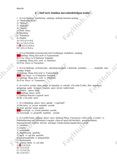 6 – sinf tarix fanidan mavzulashtirilgan testlar — DOCX